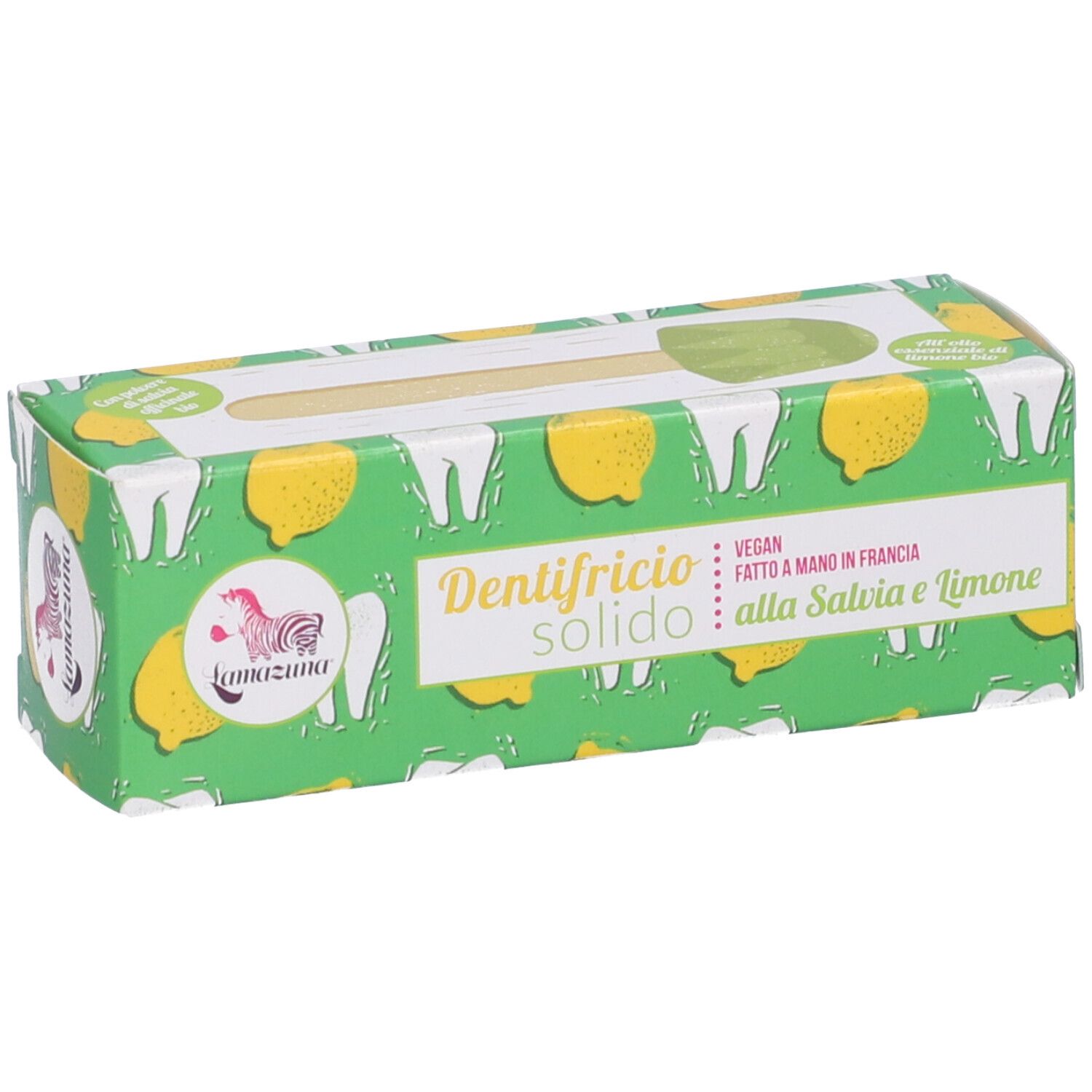 Confezione verde con limoni e denti. Testo: Dentifricio solido alla Salvia e Limone. Logo: Lamazuna. Vegano.