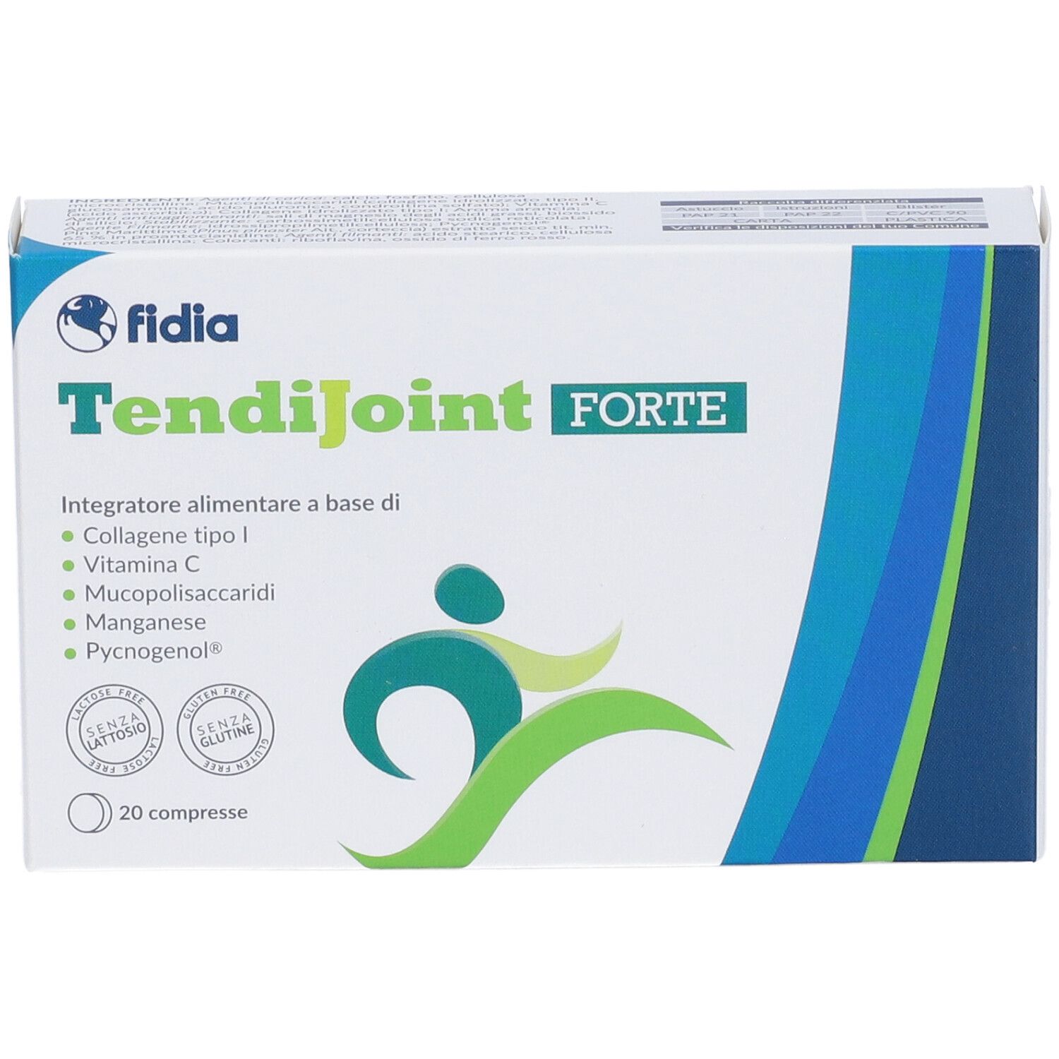 Scatola bianca con nome e logo del prodotto. Elementi di design blu e verdi. Contiene 20 compresse.