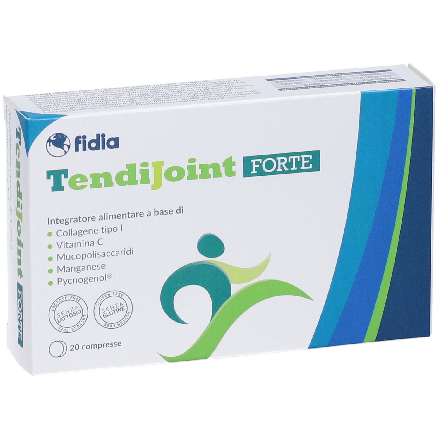 Scatola bianca con nome e logo del prodotto. Elementi di design blu e verdi. Contiene 20 compresse.