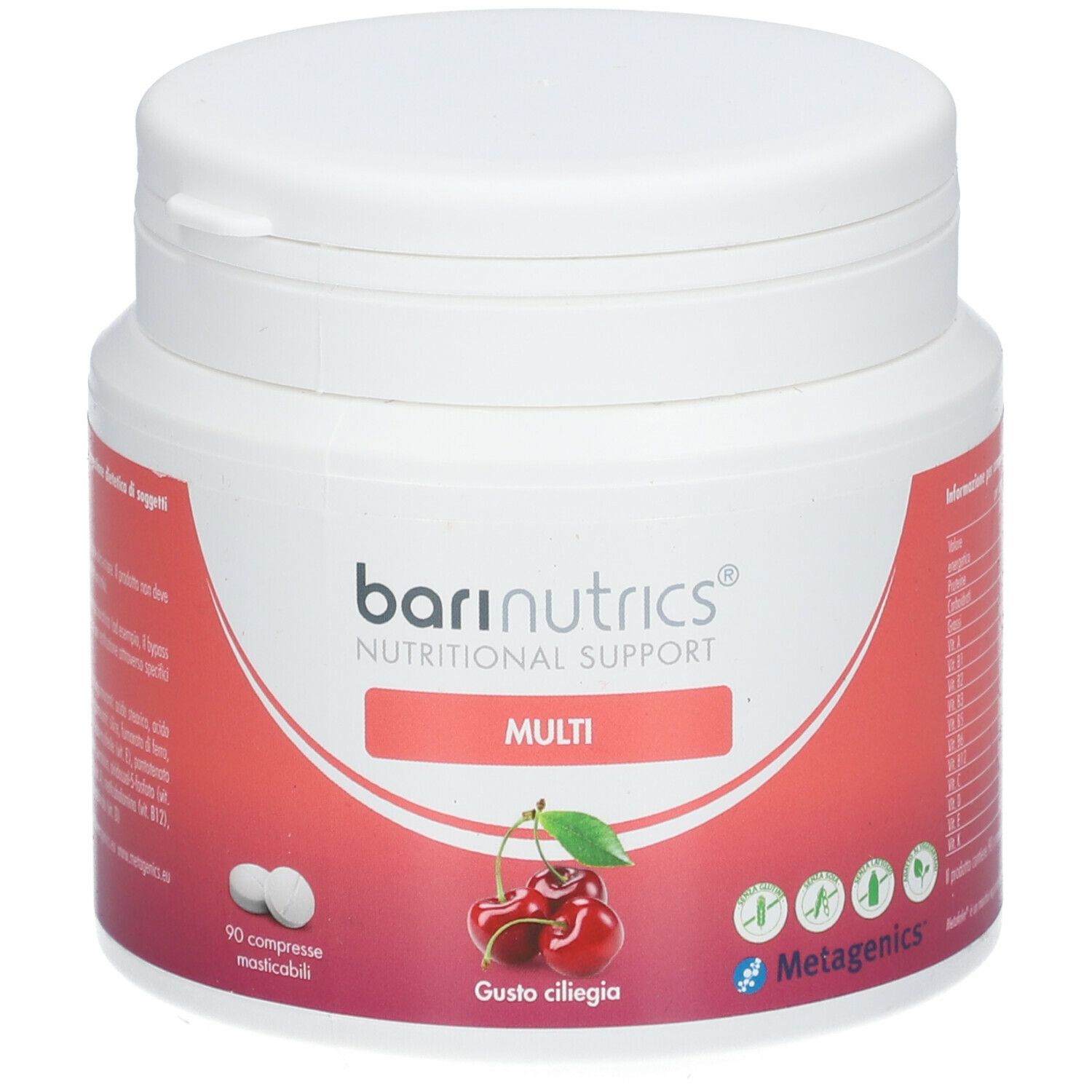 Barattolo bianco in plastica Barinutrics Multi. Illustrazione ciliegie. 90 compresse masticabili. Logo Metagenics.