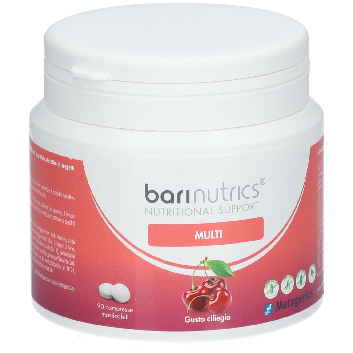 Barattolo bianco in plastica Barinutrics Multi. Illustrazione ciliegie. 90 compresse masticabili. Logo Metagenics.
