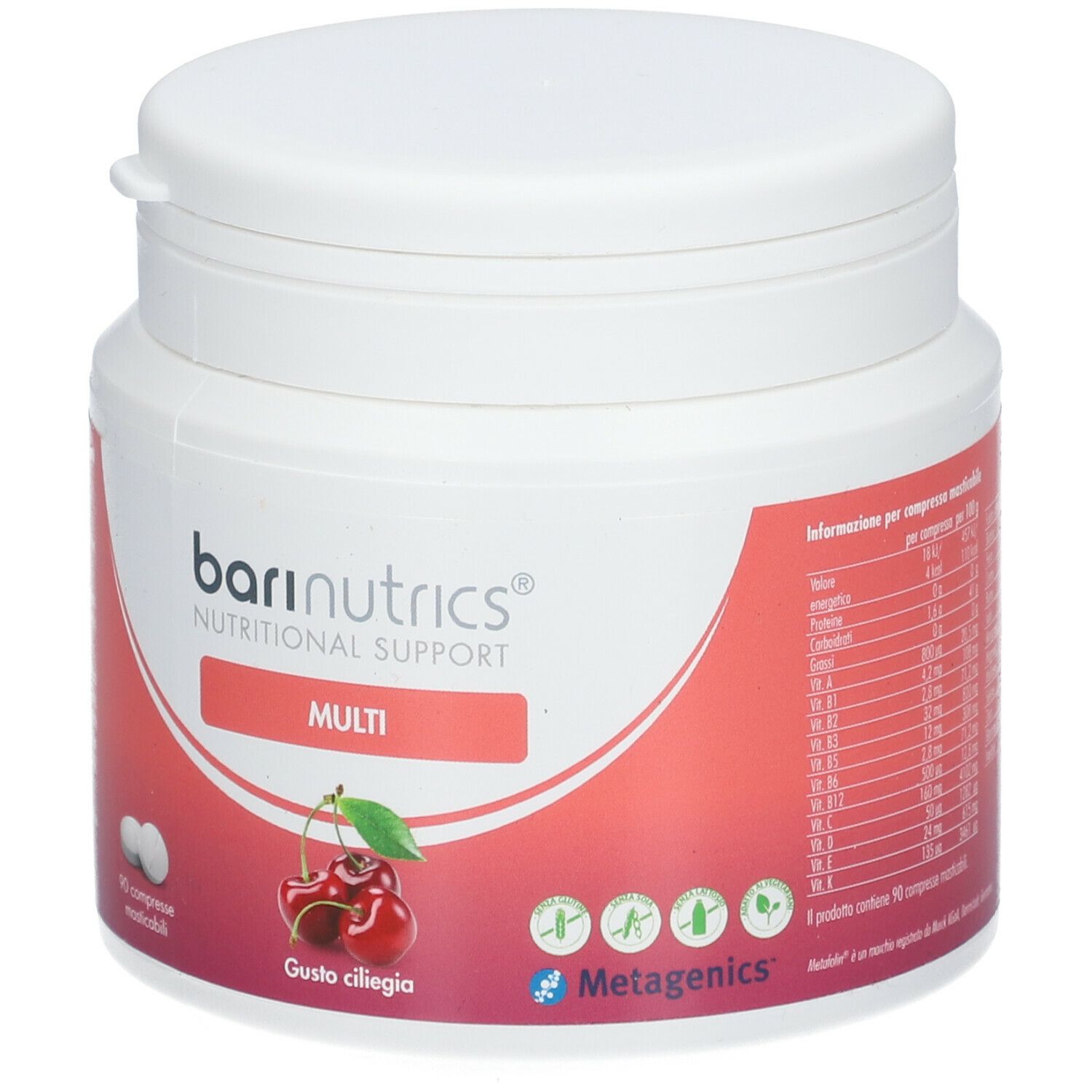 Barattolo bianco in plastica Barinutrics Multi. Illustrazione ciliegie. 90 compresse masticabili. Logo Metagenics.