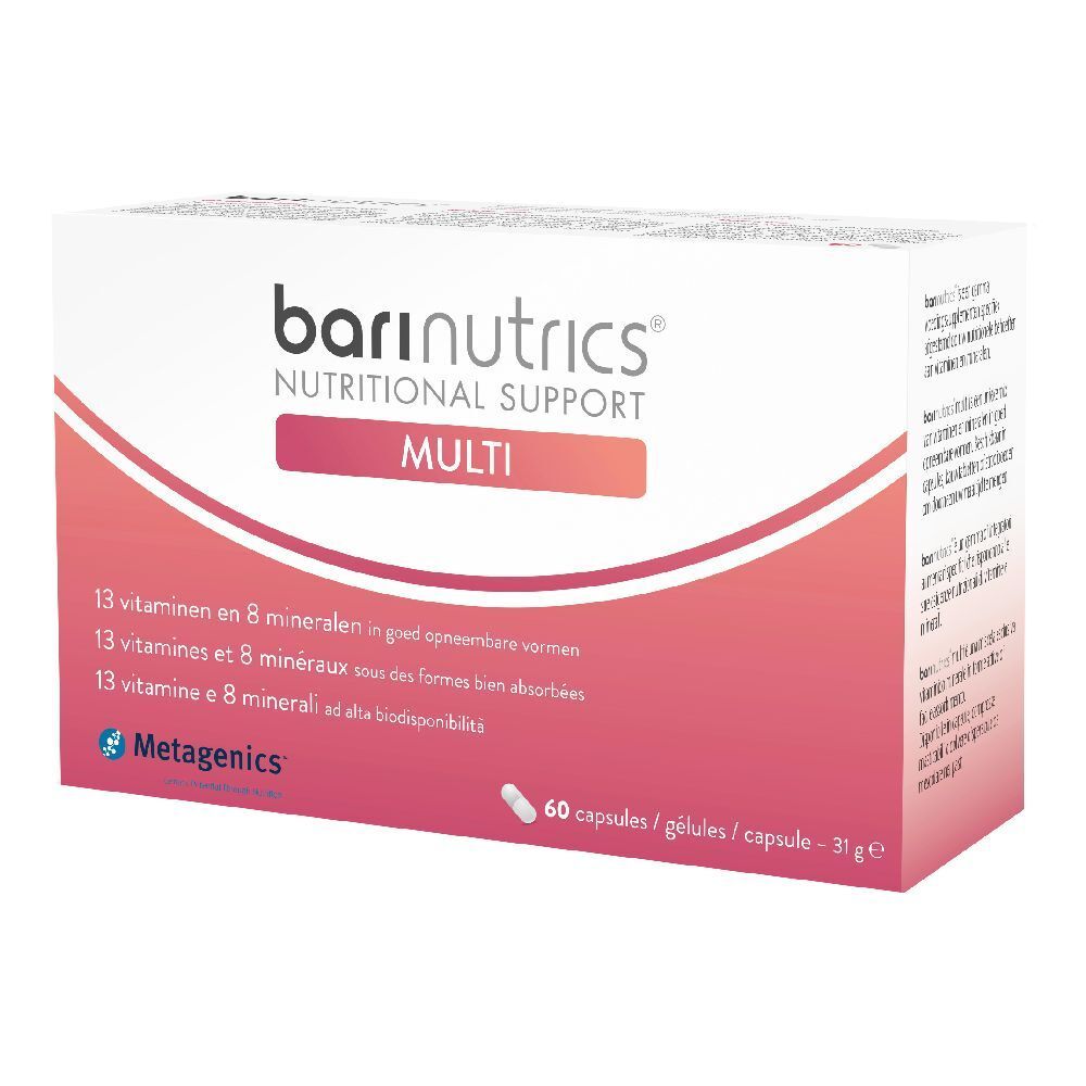 Confezione di BariNutrics Multi. Contiene 60 capsule. Scritta: 13 vitamine e 8 minerali. Marchio: Metagenics.