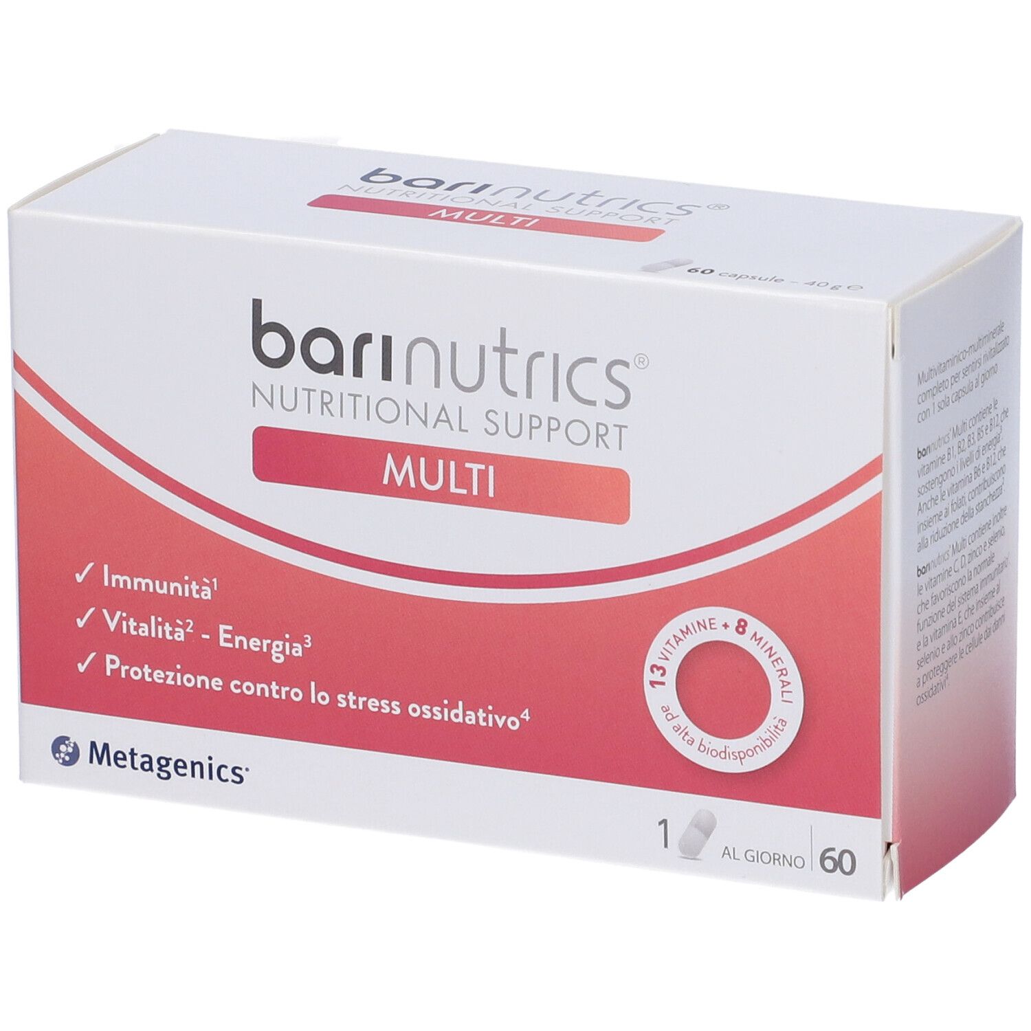 Confezione BariNutrics Multi. Contiene 60 capsule. Scritta: 13 vitamine + 8 minerali. Marchio: Metagenics. Benefici: Immunità, energia.