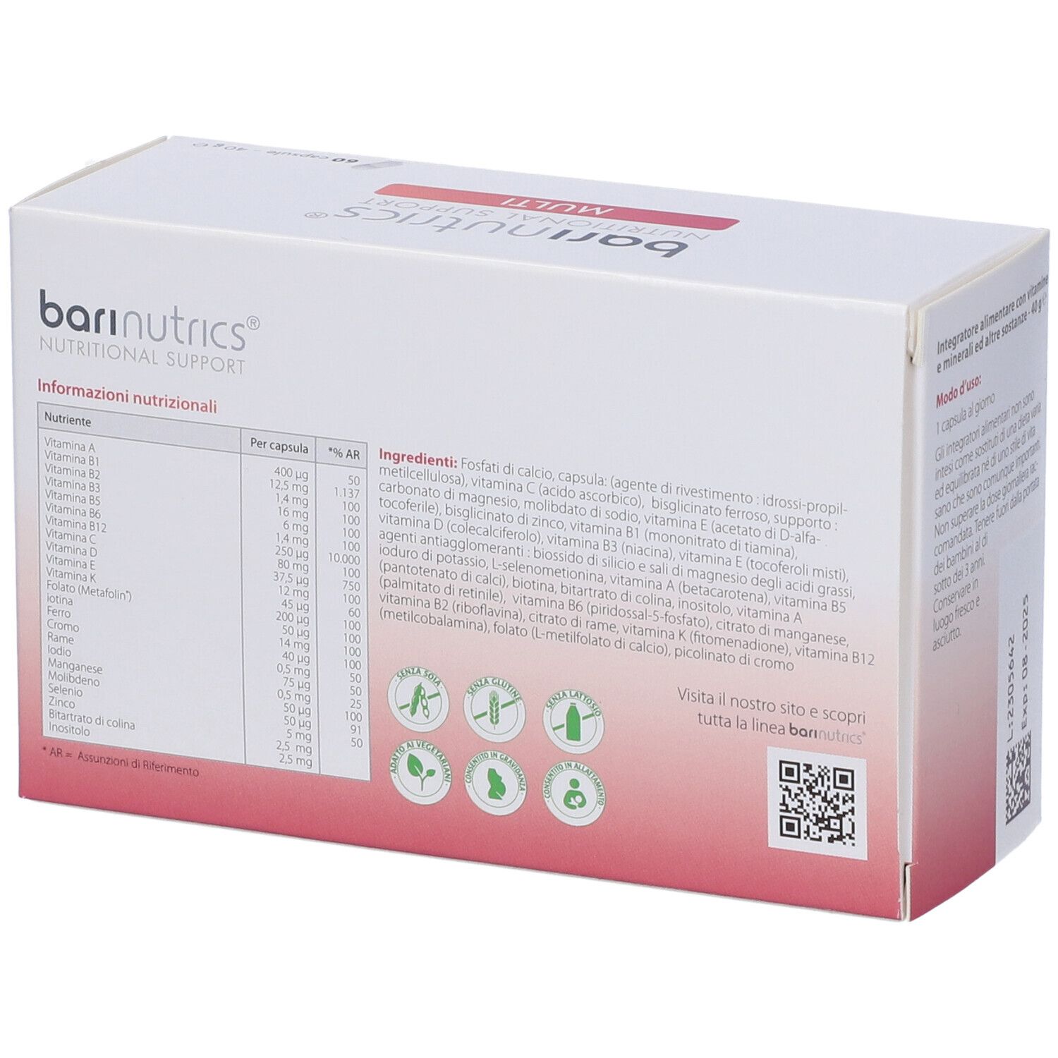 Confezione BariNutrics Multi. Contiene 60 capsule. Scritta: 13 vitamine + 8 minerali. Marchio: Metagenics. Benefici: Immunità, energia.