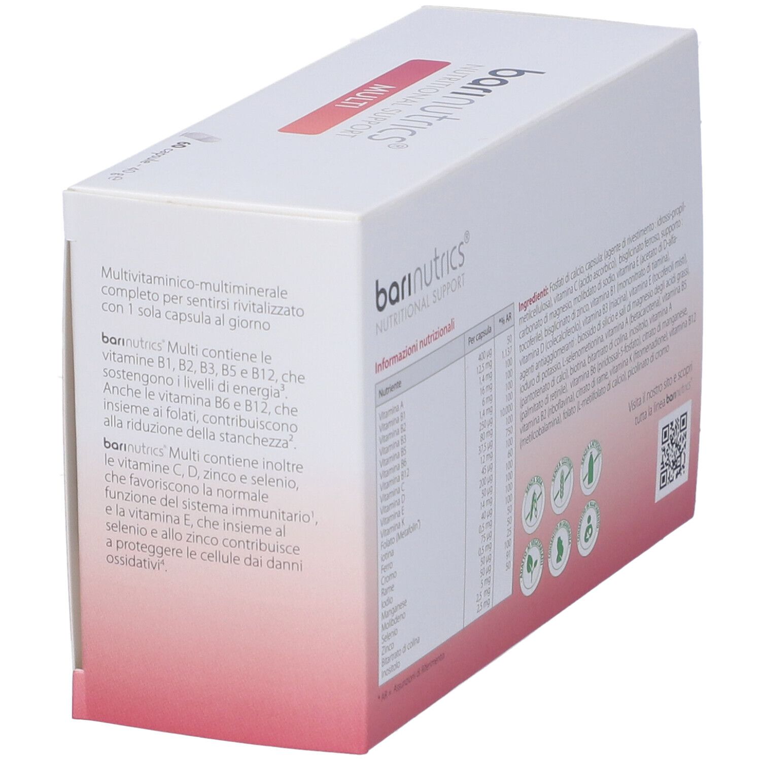 Confezione BariNutrics Multi. Contiene 60 capsule. Scritta: 13 vitamine + 8 minerali. Marchio: Metagenics. Benefici: Immunità, energia.