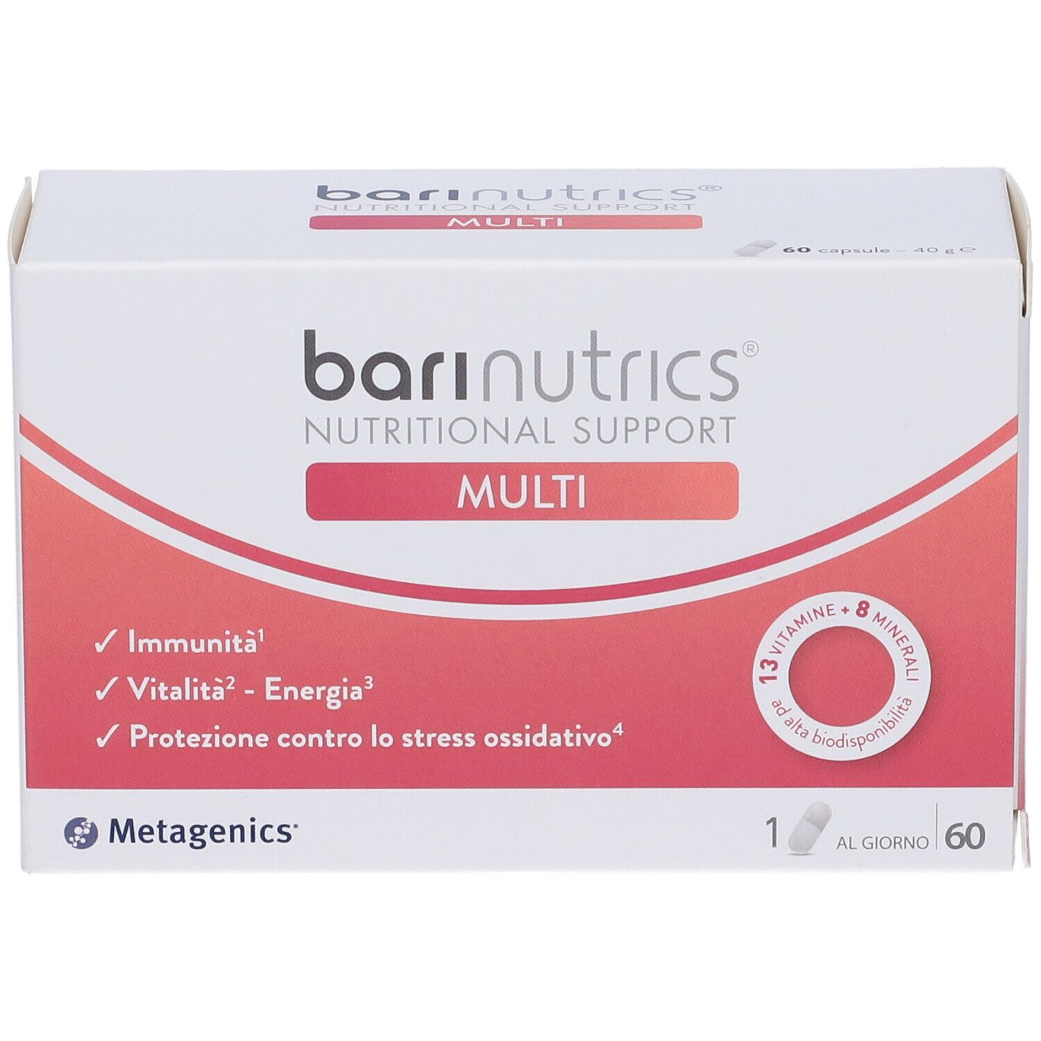 Confezione BariNutrics Multi. Contiene 60 capsule. Scritta: 13 vitamine + 8 minerali. Marchio: Metagenics. Benefici: Immunità, energia.