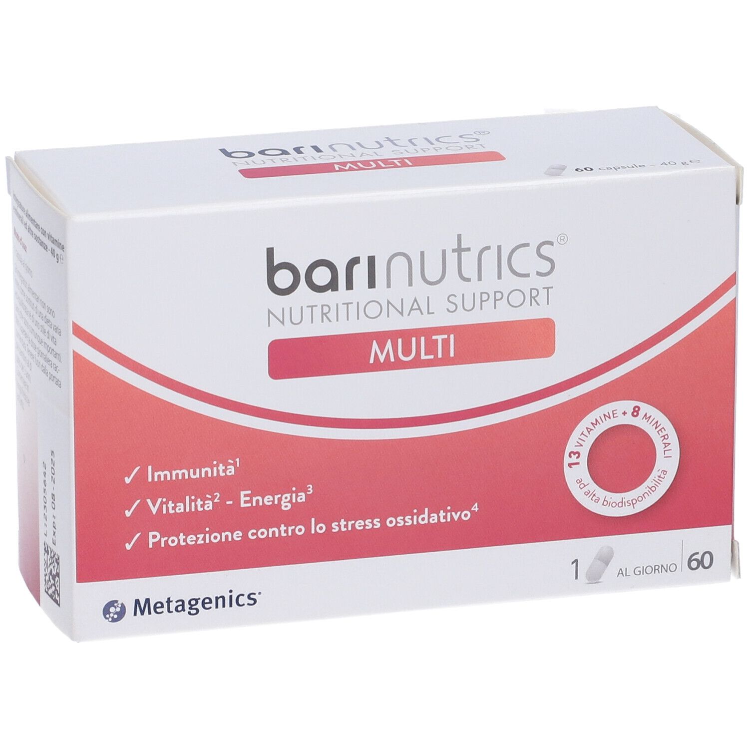 Confezione BariNutrics Multi. Contiene 60 capsule. Scritta: 13 vitamine + 8 minerali. Marchio: Metagenics. Benefici: Immunità, energia.