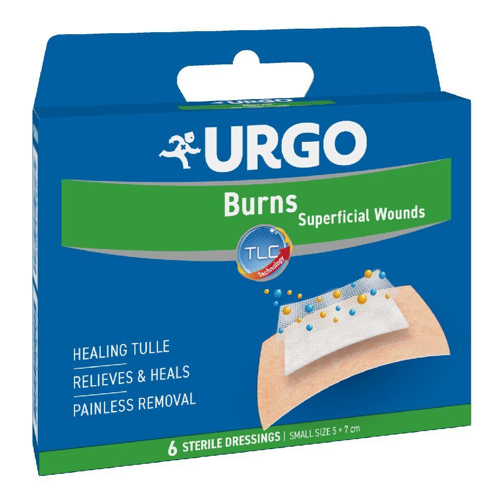 Scatola blu e verde con logo Urgo e scritta 'Burns Superficial Wounds'. 6 medicazioni sterili, dimensioni 5x7 cm.