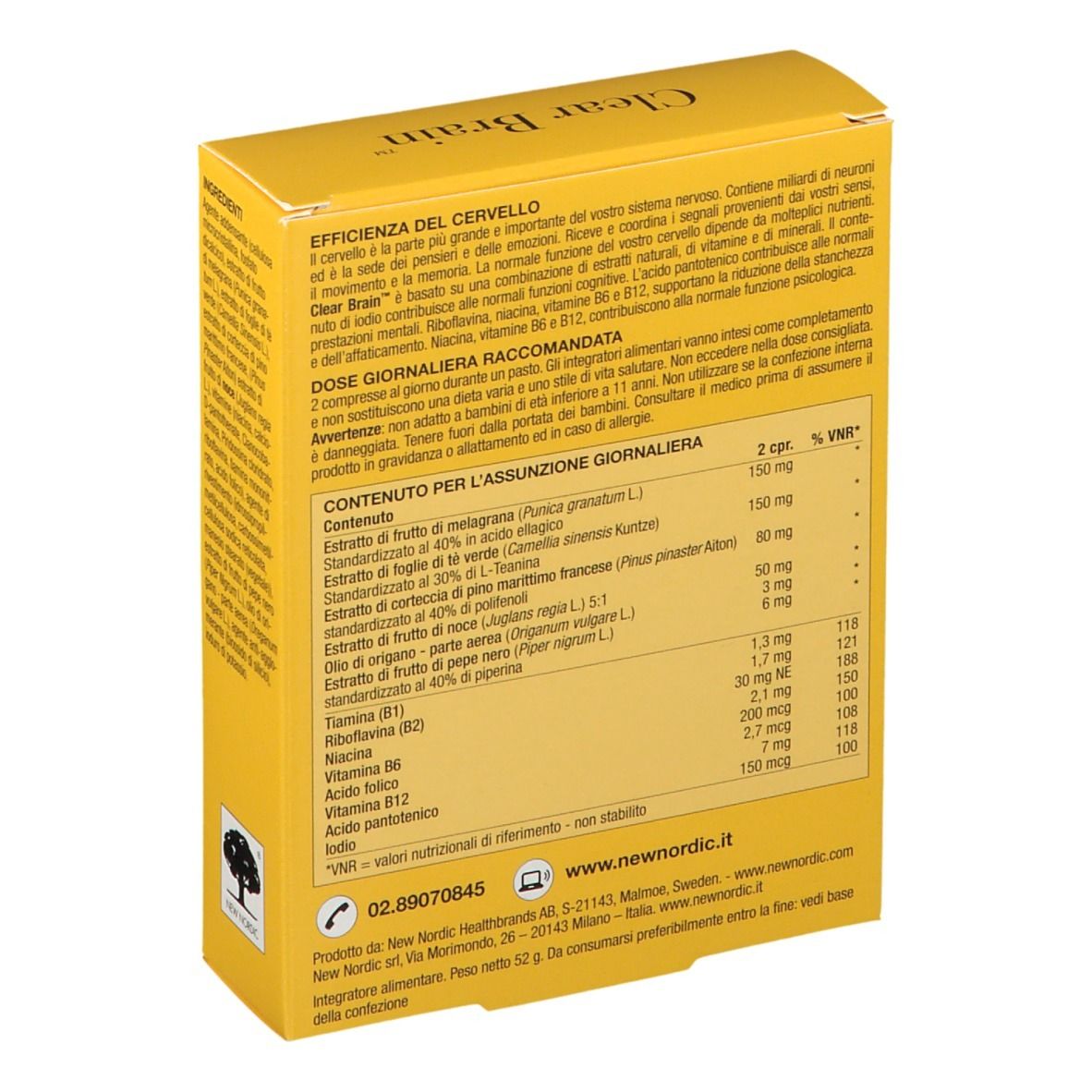 Gelbe Schachtel, Rückseite. Text in italienischer Sprache. Logo: Baum. Inhaltsstoffe und Nährwertangaben.
