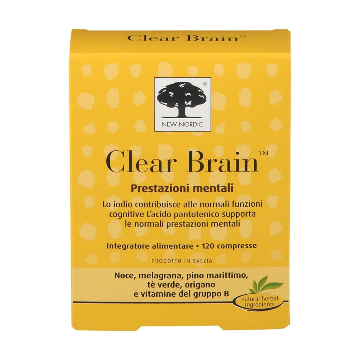 Gelbe Schachtel mit Produktaufdruck. Schriftzug: Clear Brain. Text in italienischer Sprache. Logo: Baum.