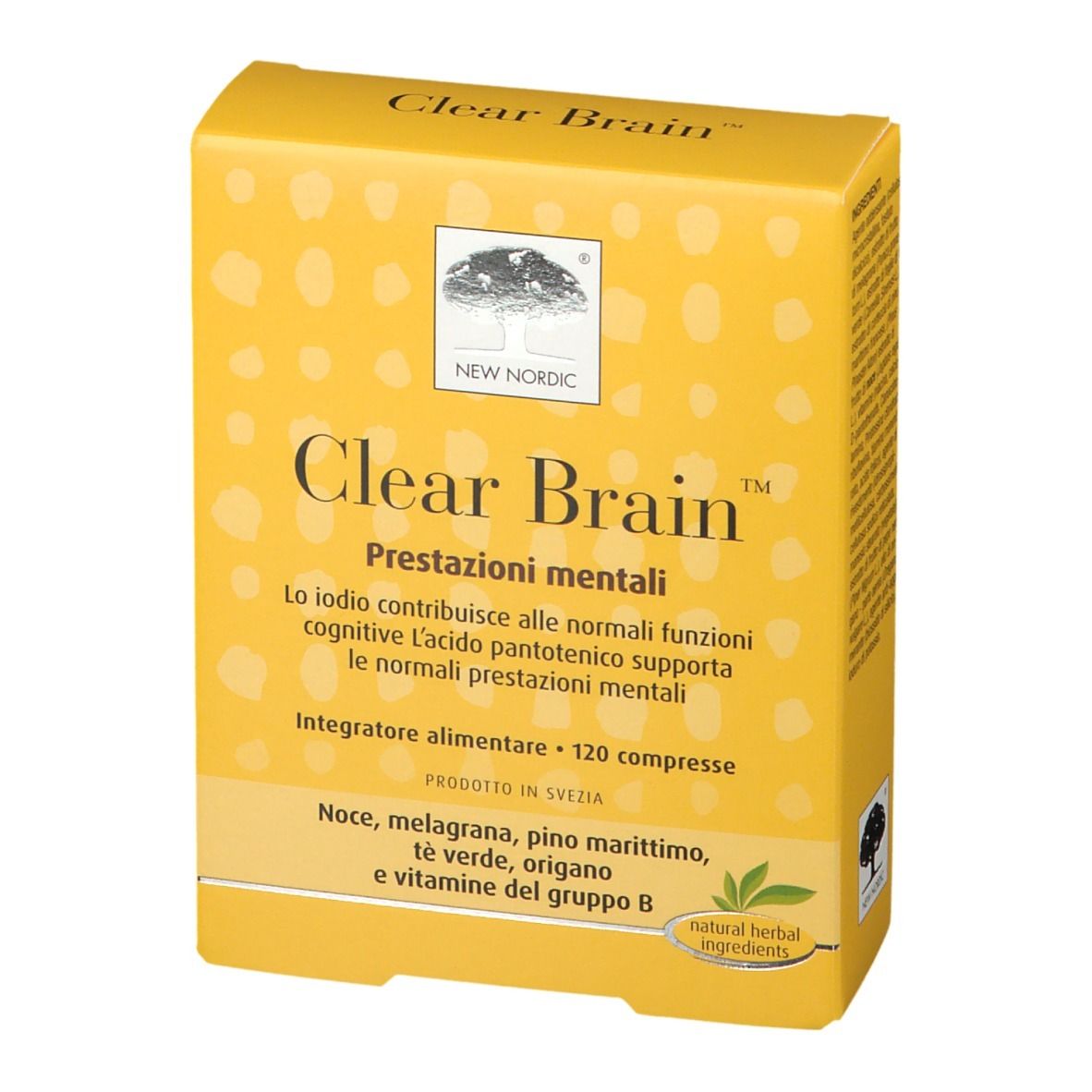 Gelbe Schachtel, Produktansicht. Schriftzug: Clear Brain. Logo: Baum. Text in italienischer Sprache.