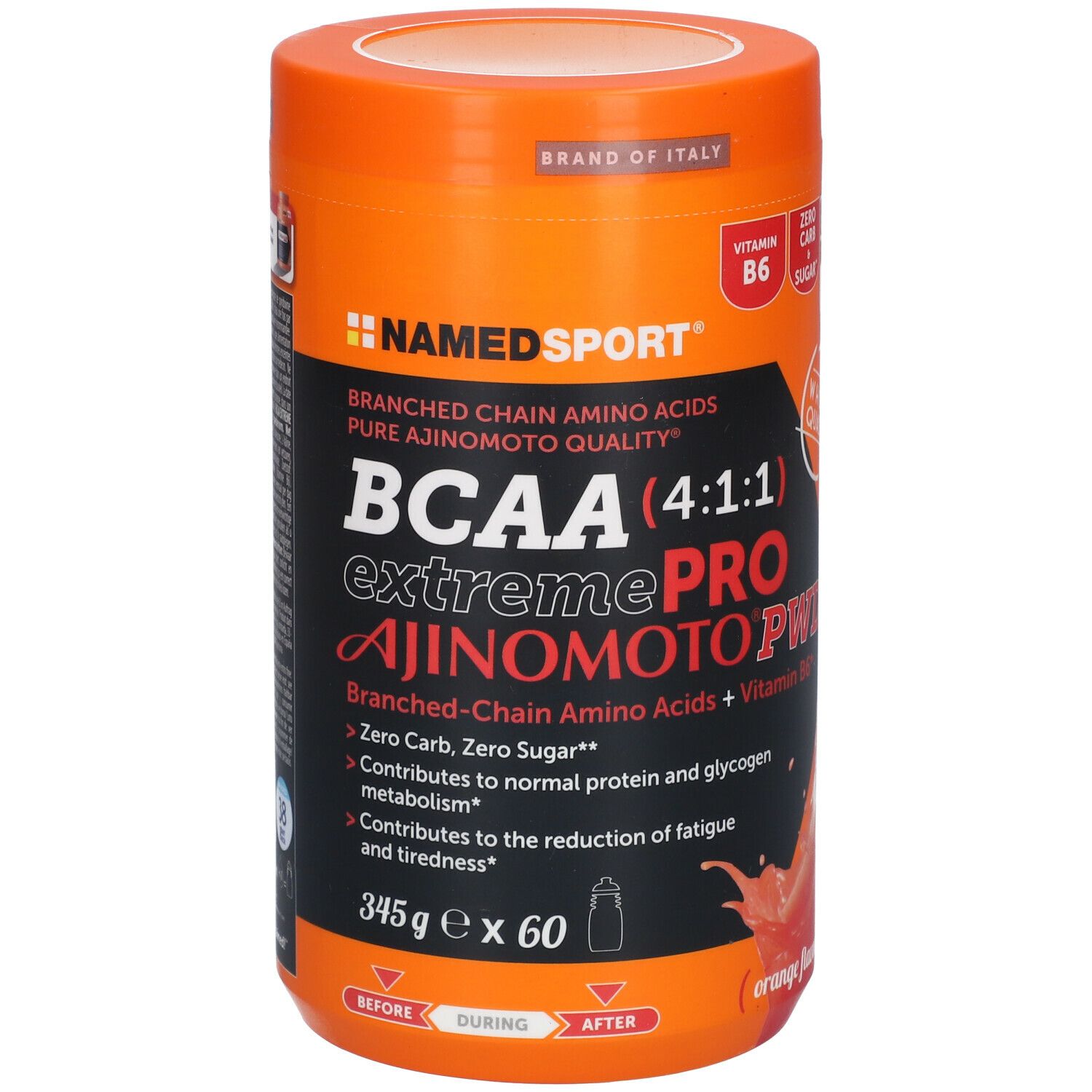 Boîte orange NAMEDSPORT® BCAA 4:1:1 Extremepro Ajinomoto PWD. Contient vitamine B6, sans sucre. Marque italienne.