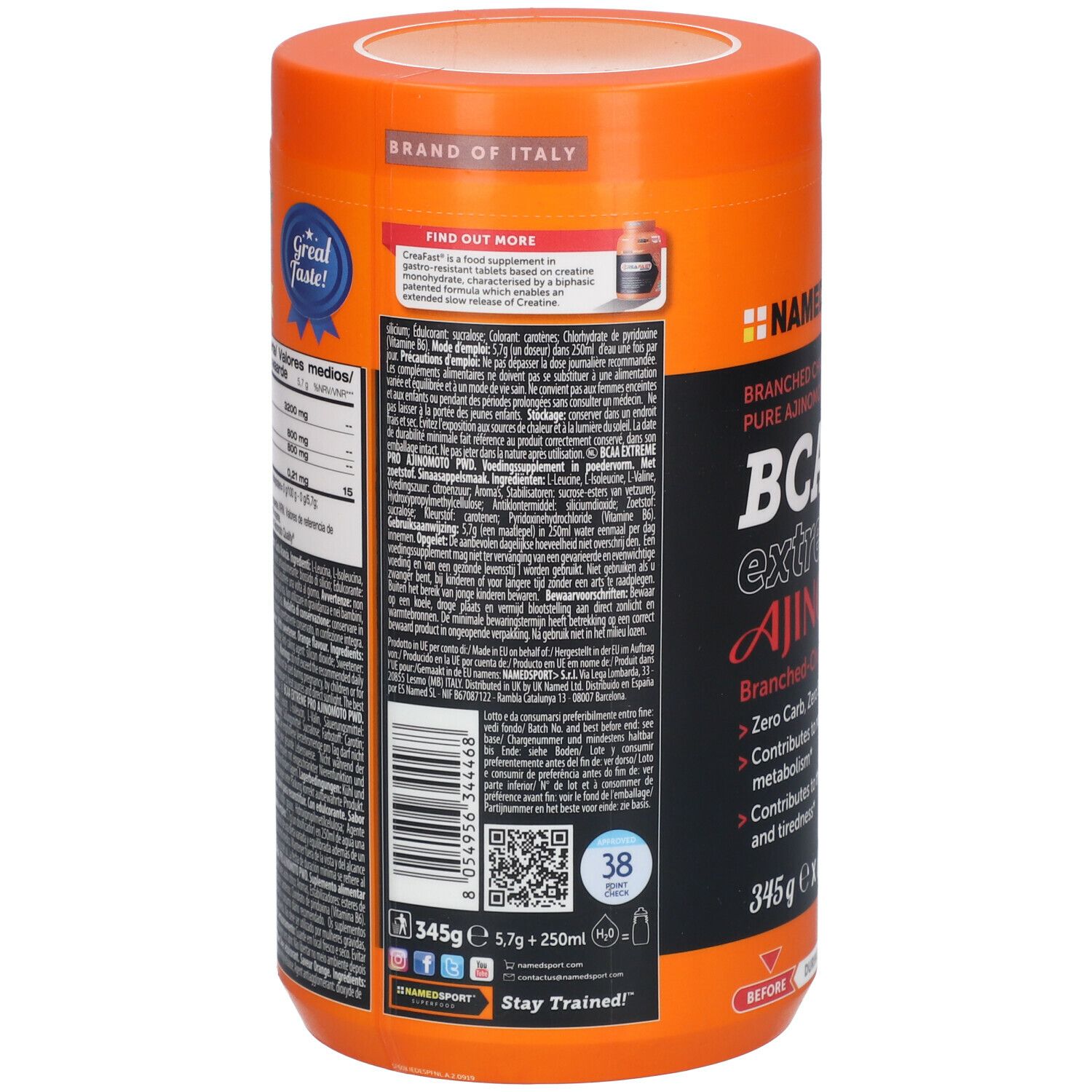 Dos de la boîte orange BCAA 4:1:1 Extremepro. Informations textuelles, QR code, valeurs nutritionnelles. NAMEDSPORT®.