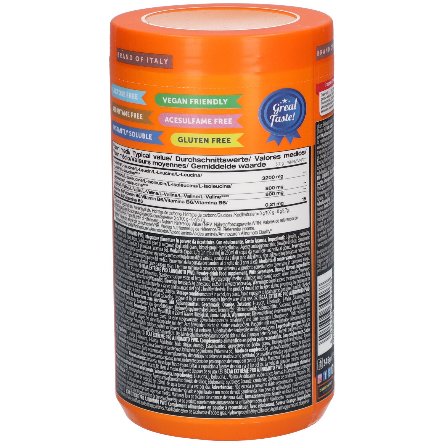 Dos de la boîte orange BCAA 4:1:1 Extremepro. Informations textuelles, valeurs nutritionnelles. NAMEDSPORT®.