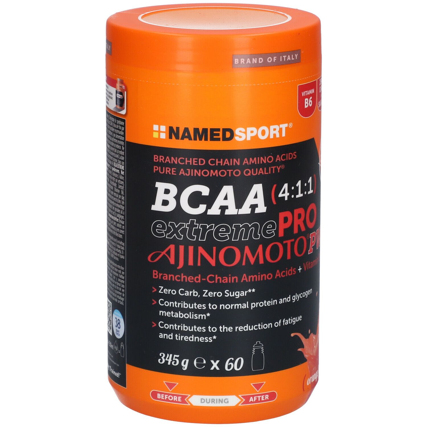 Boîte orange NAMEDSPORT® BCAA 4:1:1 Extremepro Ajinomoto PWD. Contient vitamine B6, sans sucre. Marque italienne.