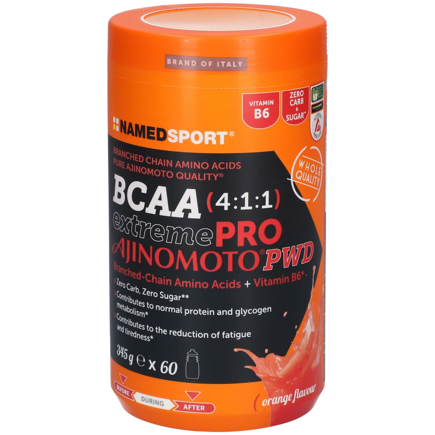 Boîte orange NAMEDSPORT® BCAA 4:1:1 Extremepro Ajinomoto PWD. Contient vitamine B6, sans sucre. Marque italienne.
