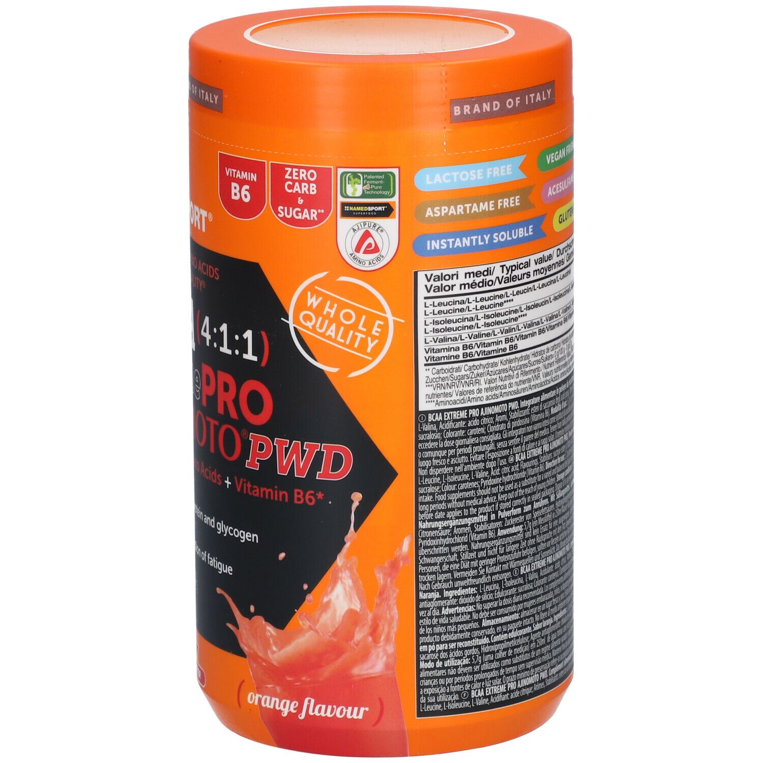 Boîte orange BCAA 4:1:1 Extremepro. Contient vitamine B6, sans sucre. NAMEDSPORT®, avec certifications.
