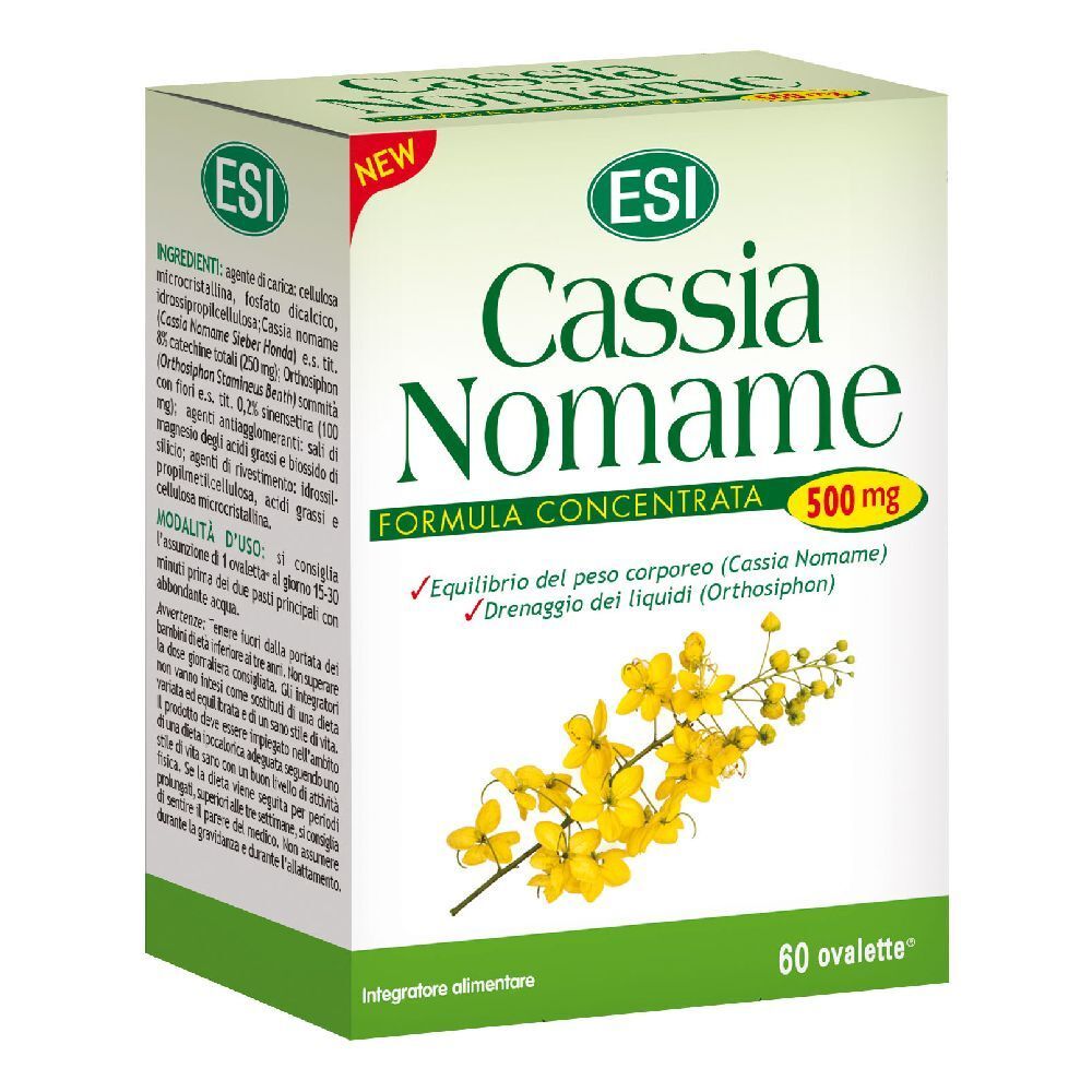 Scatola bianca con nome prodotto Cassia Nomame. Contiene 60 ovalette. Marchio ESI. 500 mg.