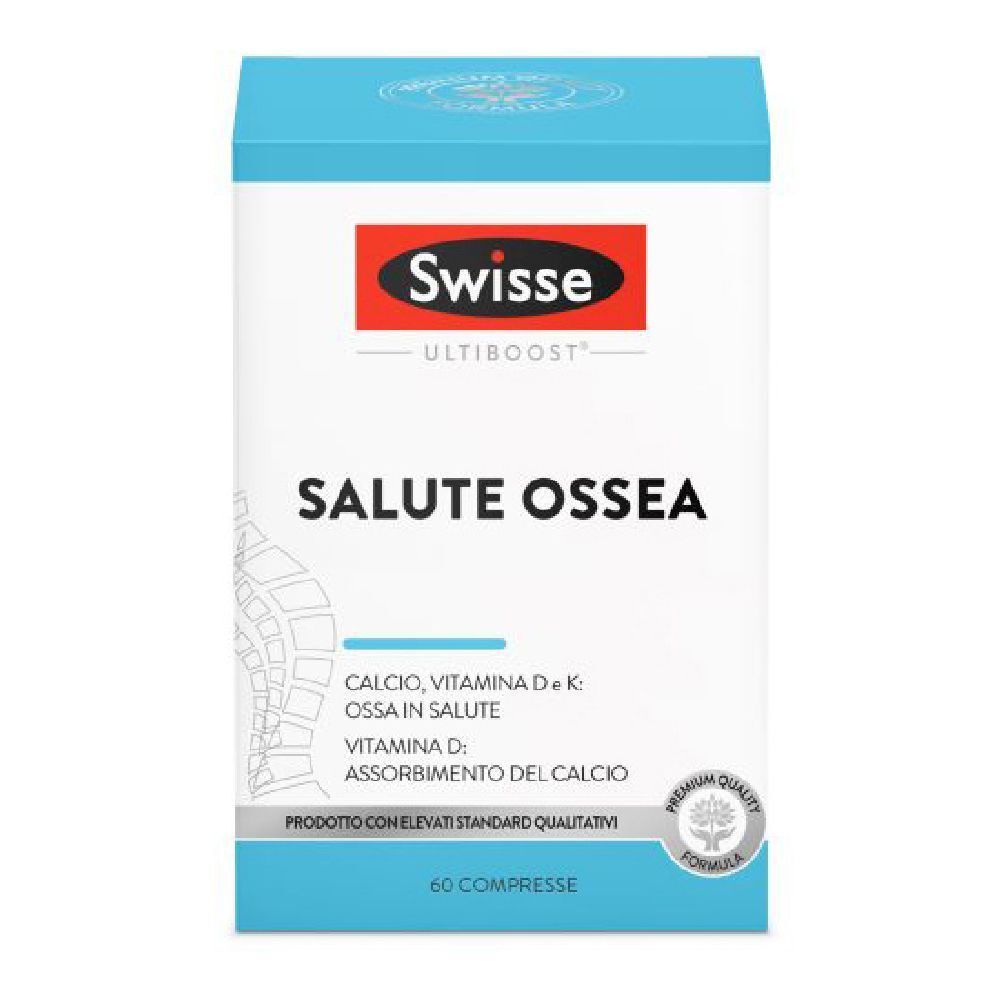 Scatola bianca con coperchio blu. Scritta: Swisse, Salute Ossea. Contiene 60 compresse. Con marchio di qualità.