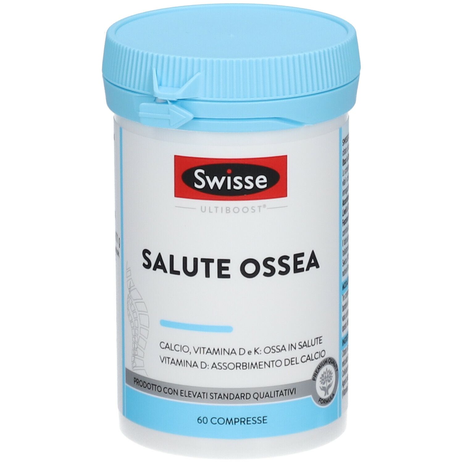 Barattolo bianco con coperchio blu. Scritta: Swisse, Salute Ossea. Contiene 60 compresse. Con marchio di qualità.