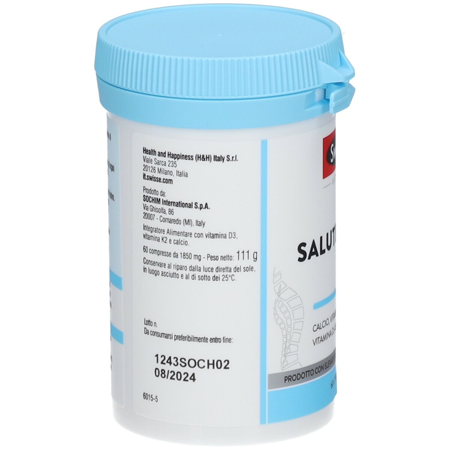 Barattolo bianco con coperchio blu. Scritta: Swisse, Salute Ossea. Contiene 60 compresse. Con marchio di qualità.