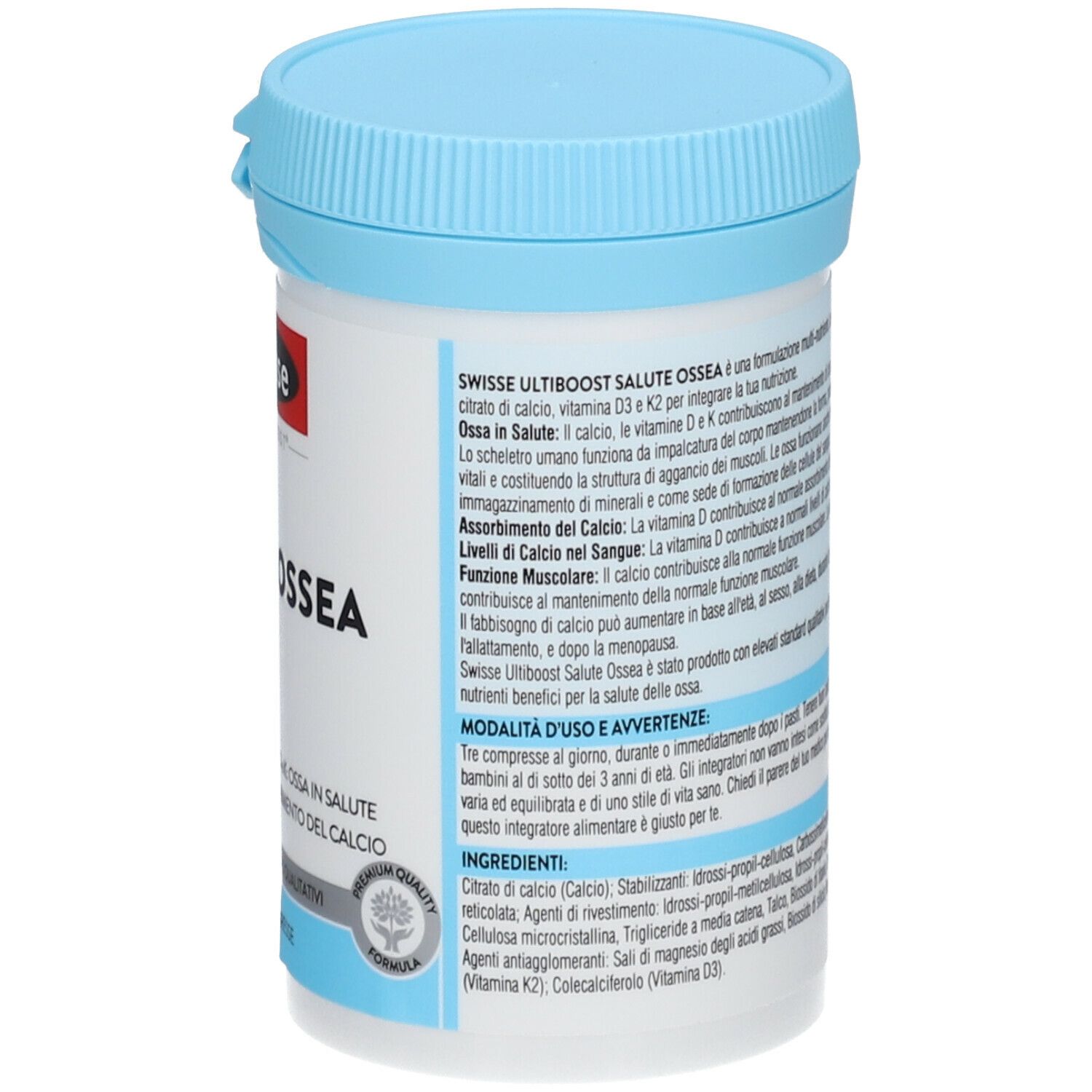 Barattolo bianco con coperchio blu. Scritta: Swisse, Salute Ossea. Contiene 60 compresse. Con marchio di qualità.