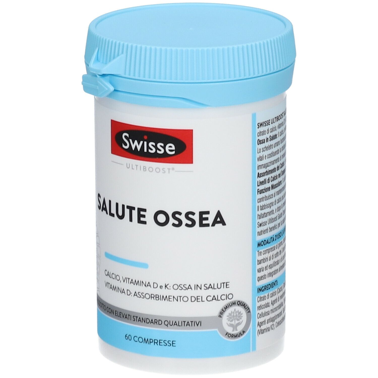 Barattolo bianco con coperchio blu. Scritta: Swisse, Salute Ossea. Contiene 60 compresse. Con marchio di qualità.