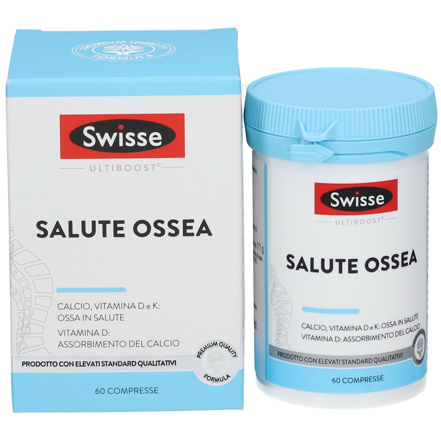 Confezione del prodotto: barattolo e scatola. Scritta: Swisse, Salute Ossea. Contiene 60 compresse. Con marchio di qualità.