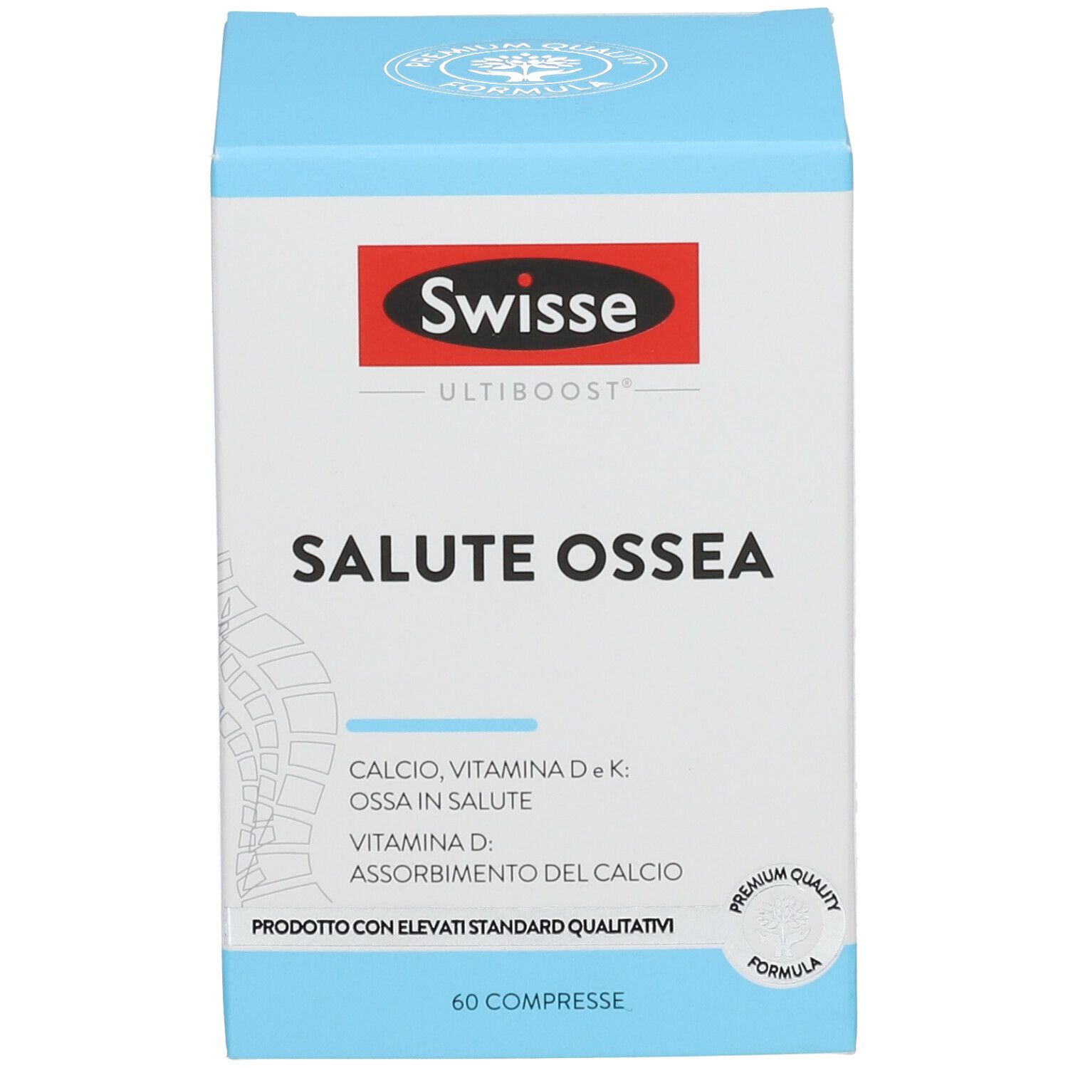 Scatola bianca con coperchio blu. Scritta: Swisse, Salute Ossea. Contiene 60 compresse. Con marchio di qualità.