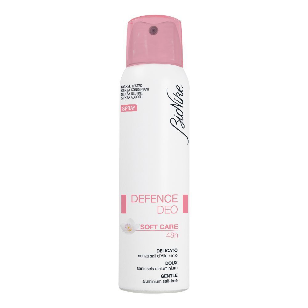 Deodorante spray bianco con erogatore rosa. Scritta: BioNike, DEFENCE DEO SOFT CARE 48h. Senza sali di alluminio.