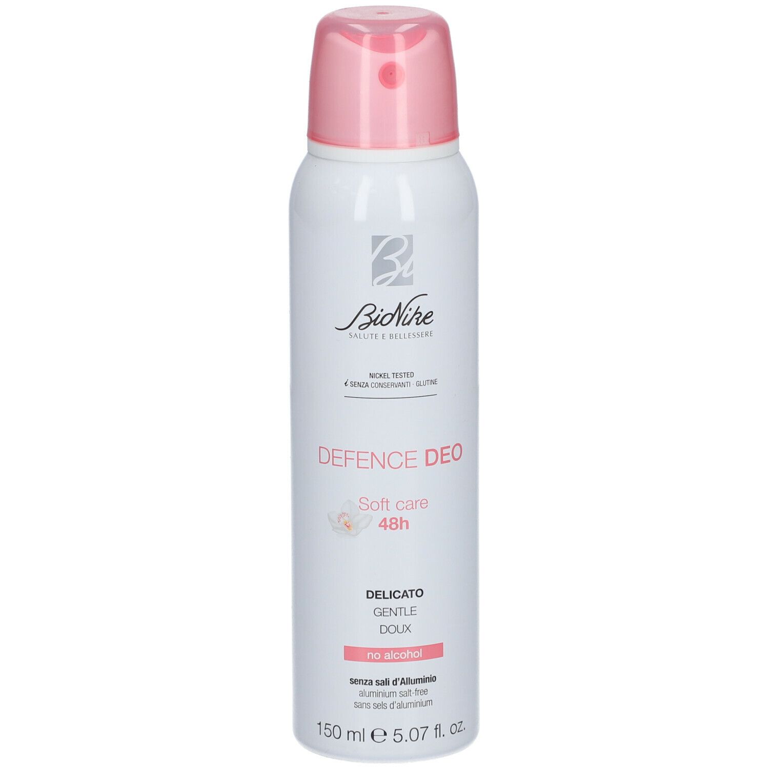 Deodorante spray bianco con erogatore rosa. Scritta: BioNike, DEFENCE DEO SOFT CARE 48h, 150 ml. Senza alcool.