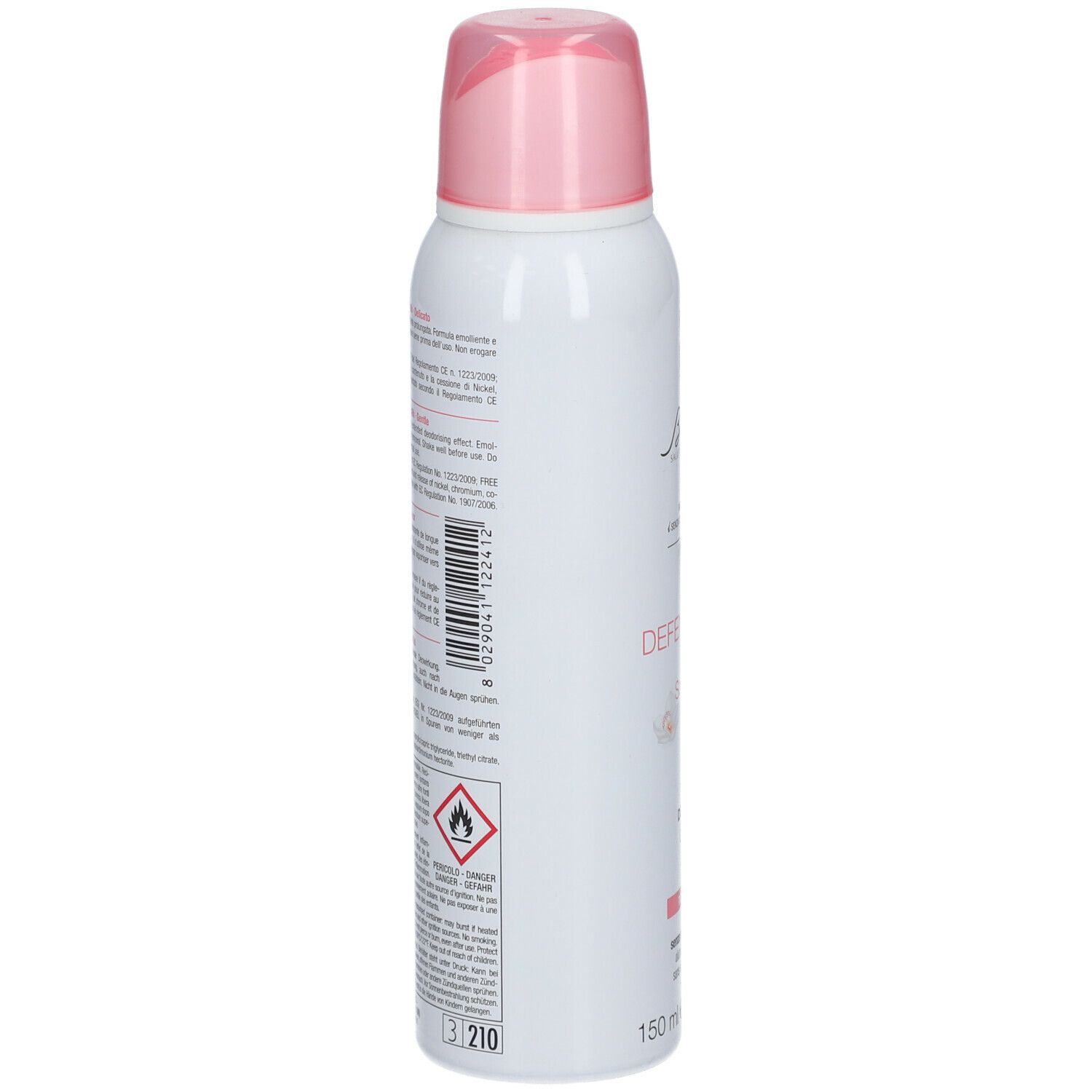 Retro del deodorante spray. Testo e codice a barre. Avvertenze e ingredienti. Spray bianco con erogatore rosa.