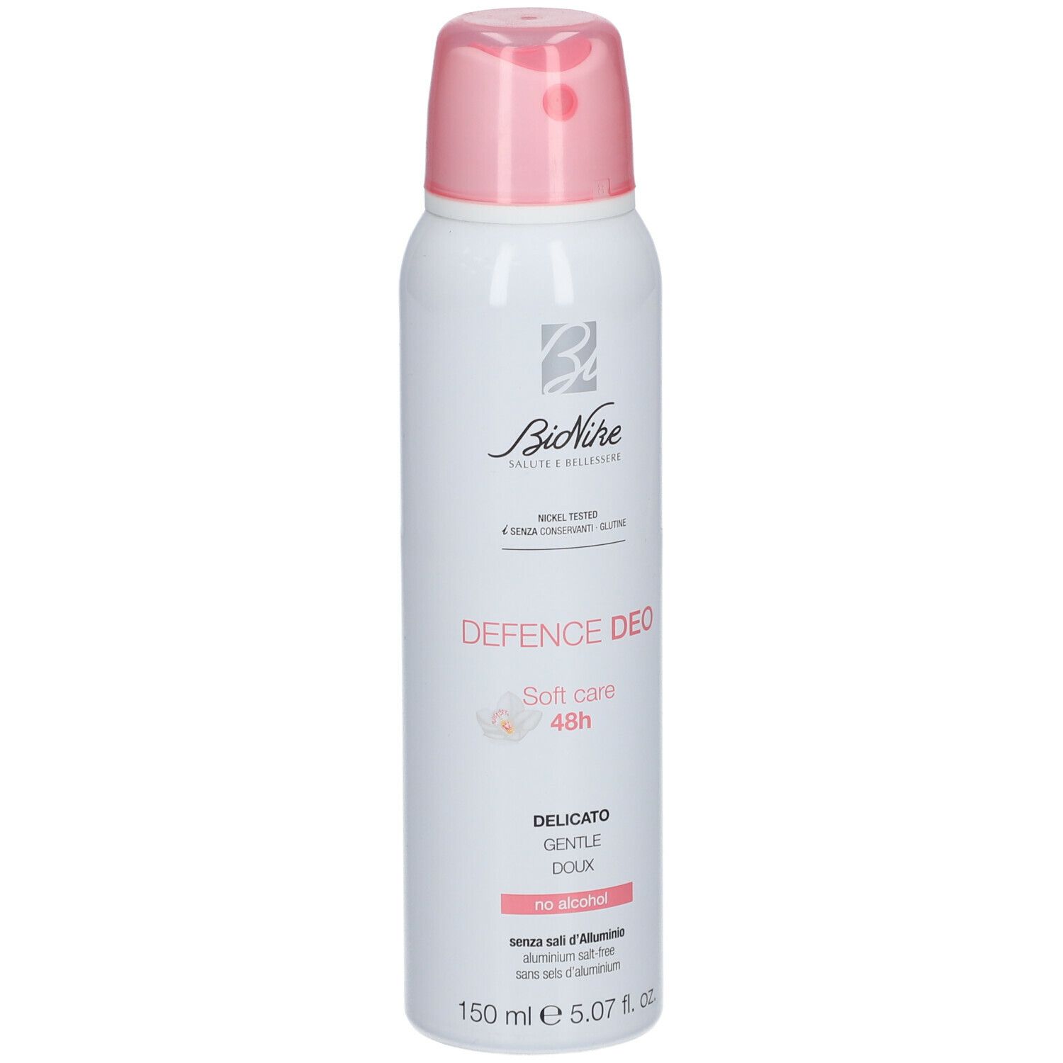 Deodorante spray bianco con erogatore rosa. Scritta: BioNike, DEFENCE DEO SOFT CARE 48h, 150 ml. Senza alcool.