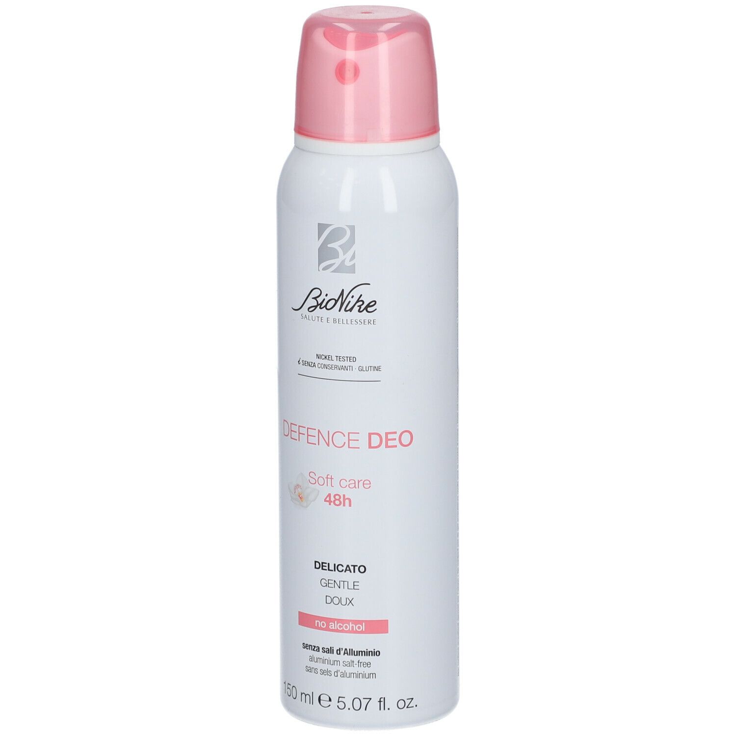 Deodorante spray bianco con erogatore rosa. Scritta: BioNike, DEFENCE DEO SOFT CARE 48h, 150 ml. Senza alcool.