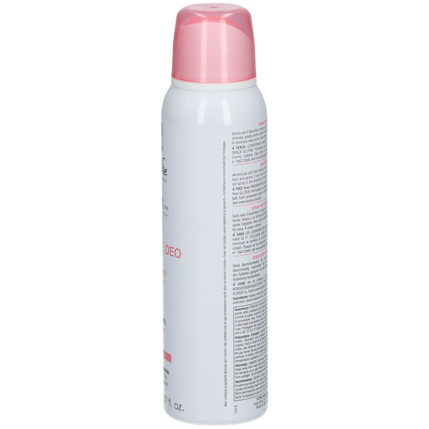 Retro del deodorante spray. Testo e codice a barre. Avvertenze e ingredienti. Spray bianco con erogatore rosa.