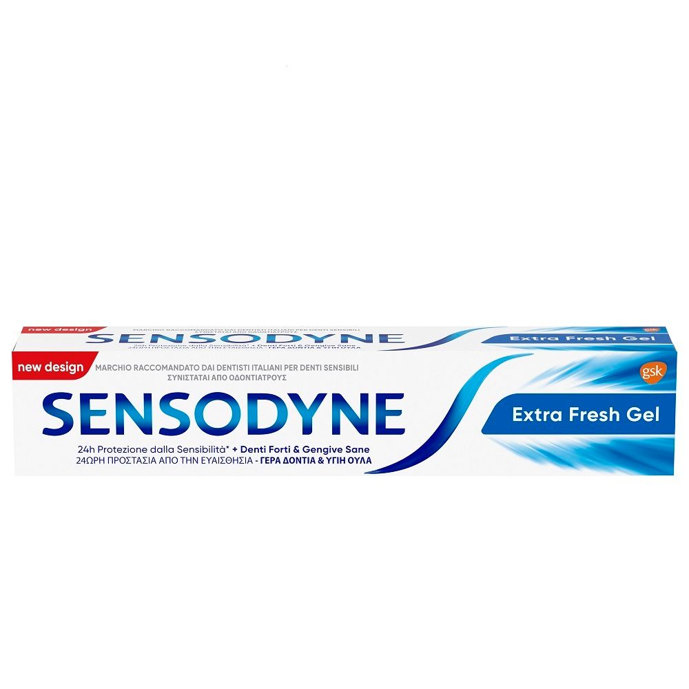 Tubo di dentifricio SENSODYNE Extra Fresh Gel. Confezione bianca e blu con nome del prodotto e testo. Scritta: Protezione 24h dalla sensibilità.