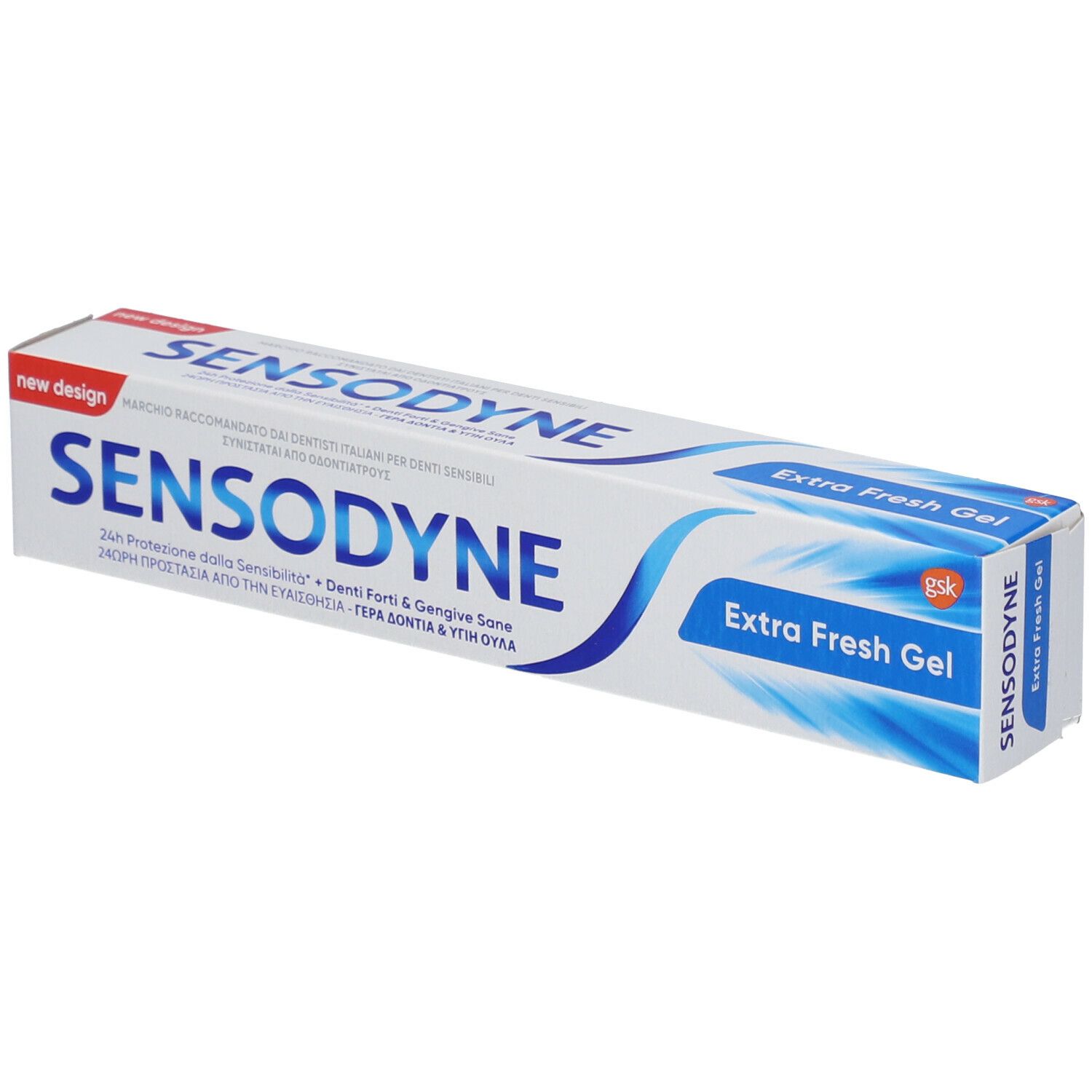 Tubo di dentifricio SENSODYNE Extra Fresh Gel in confezione. Scatola bianca e blu con nome del prodotto e testo. Scritta: Protezione 24h dalla sensibilità.