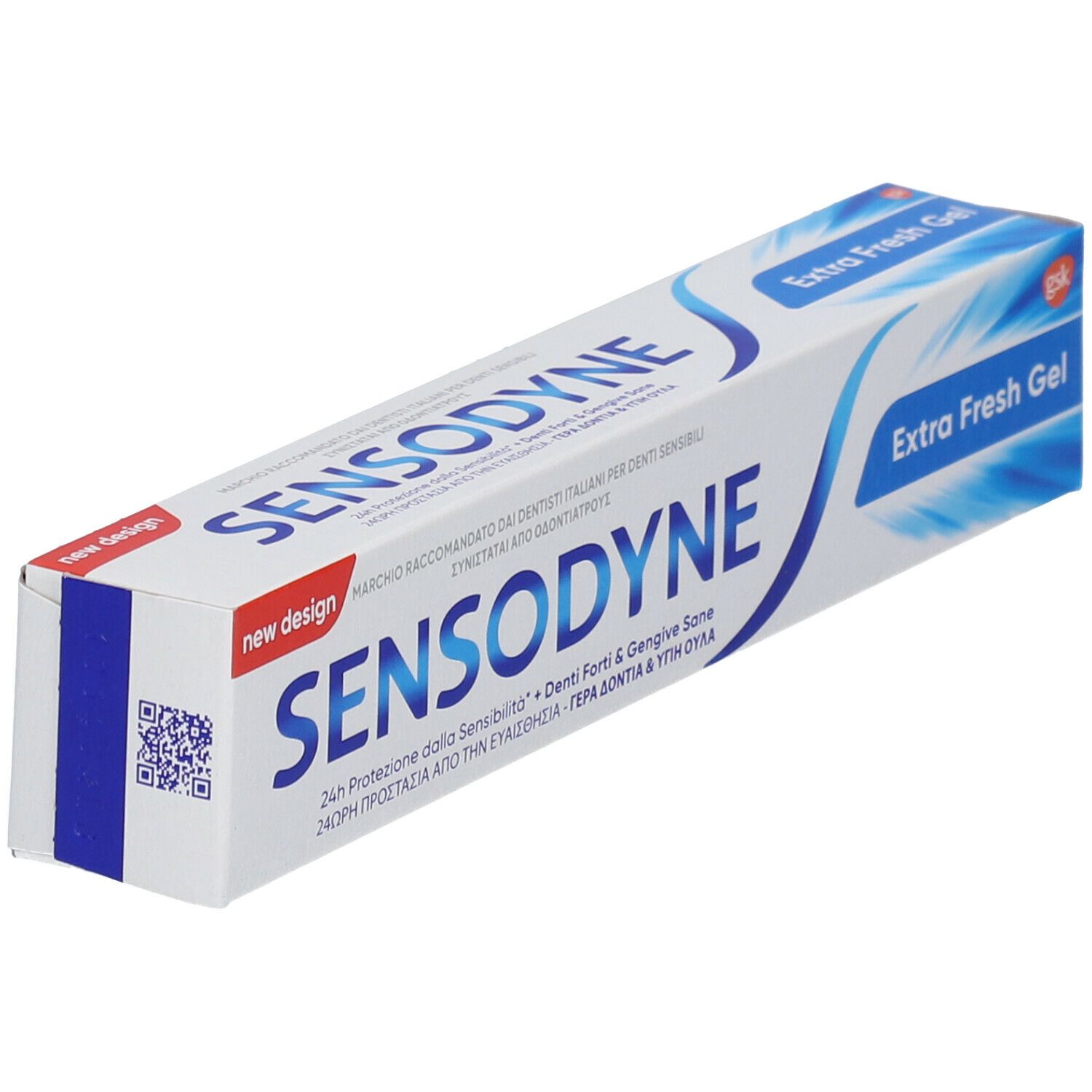 Tubo di dentifricio SENSODYNE Extra Fresh Gel in confezione. Scatola bianca e blu con nome del prodotto e testo. Scritta: Protezione 24h dalla sensibilità.