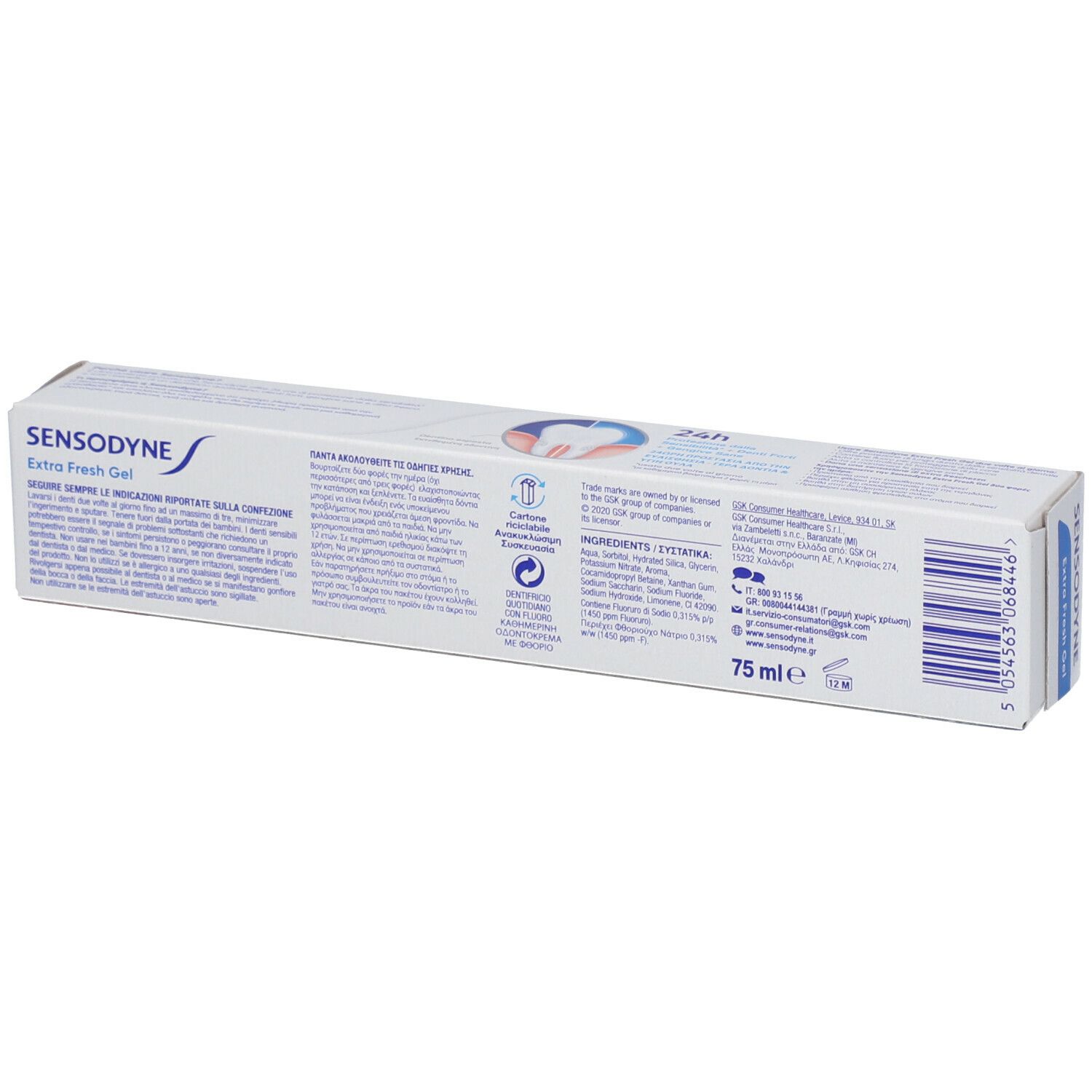 Retro della confezione del dentifricio SENSODYNE Extra Fresh Gel. Testo e loghi su sfondo bianco. Contiene informazioni sugli ingredienti e il produttore.