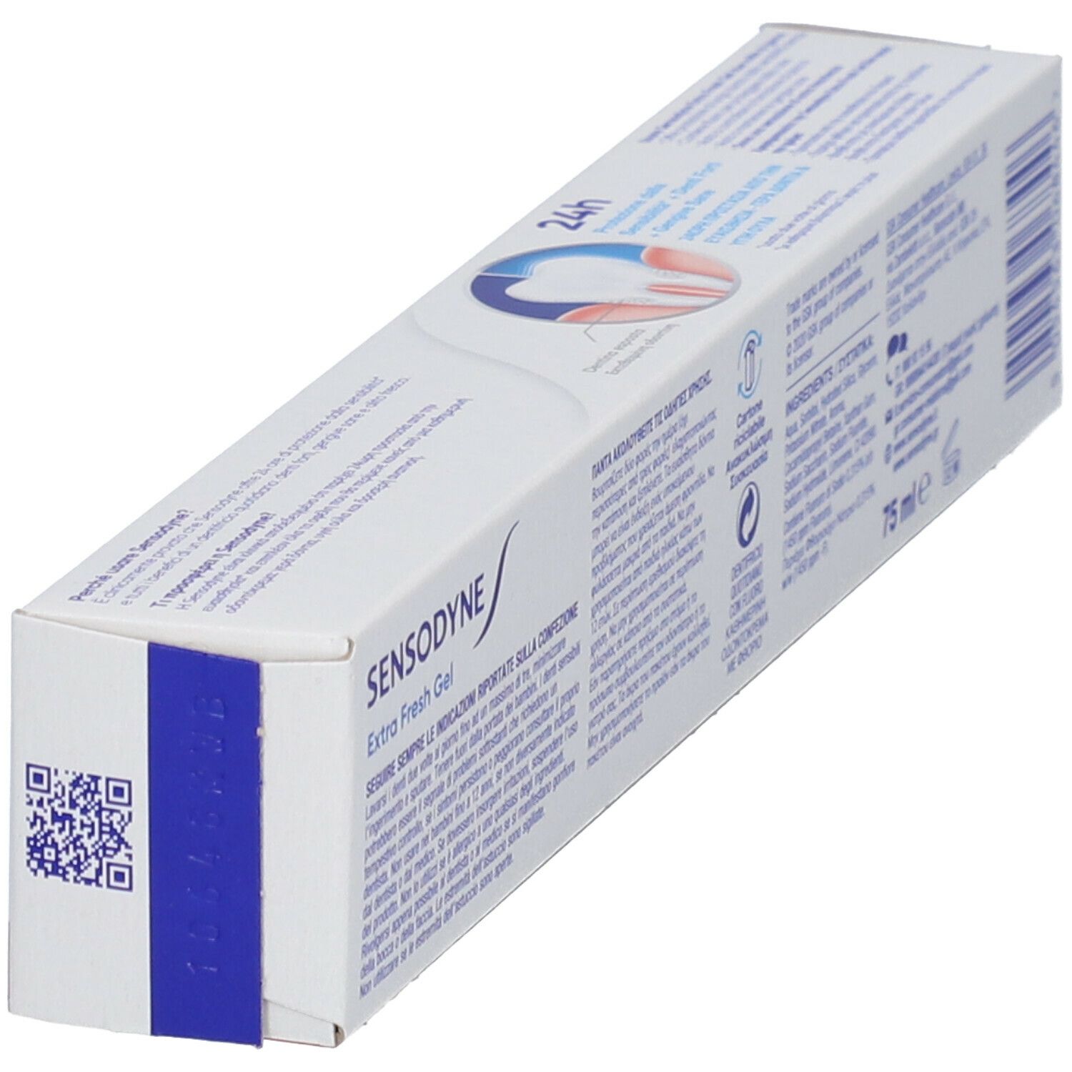Vista obliqua della confezione del dentifricio SENSODYNE Extra Fresh Gel. Testo e loghi su sfondo bianco. Contiene informazioni sugli ingredienti e il produttore.
