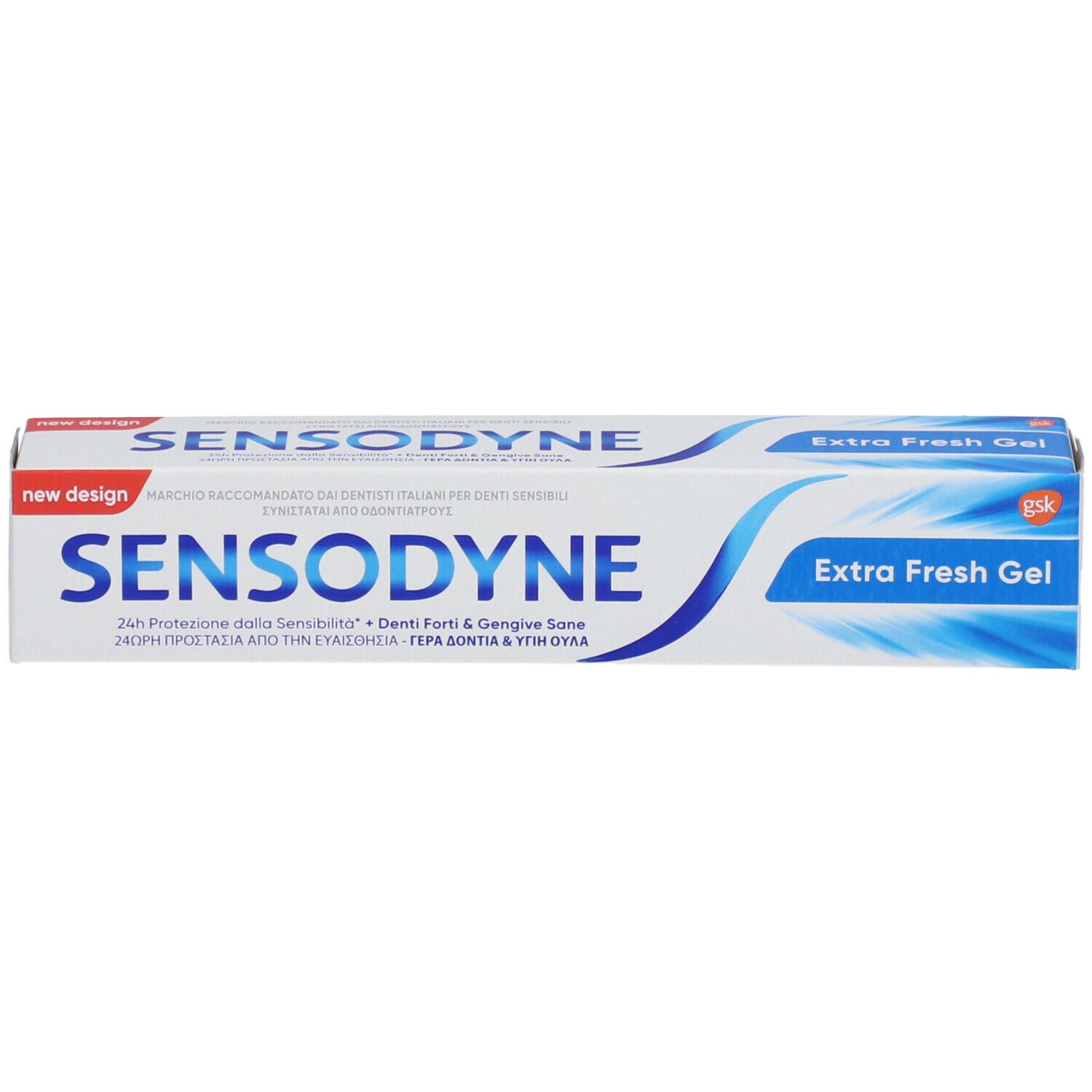 Tubo di dentifricio SENSODYNE Extra Fresh Gel. Confezione bianca e blu con nome del prodotto e testo. Scritta: Protezione 24h dalla sensibilità.