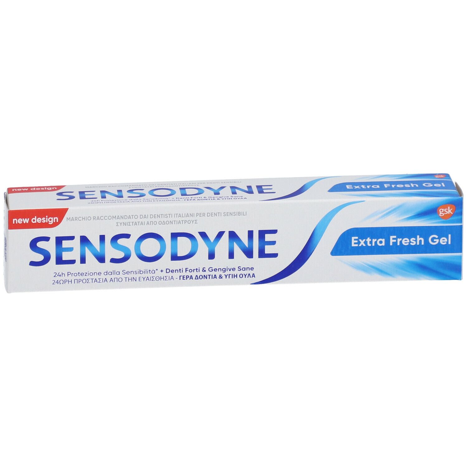 Tubo di dentifricio SENSODYNE Extra Fresh Gel. Confezione bianca e blu con nome del prodotto e testo. Scritta: Protezione 24h dalla sensibilità.