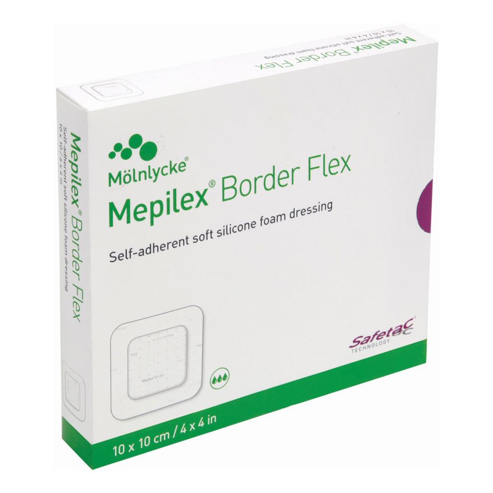 Confezione bianca. Scritta: Mepilex Border Flex, medicazione in schiuma di silicone autoaderente. Dimensioni: 10 x 10 cm.