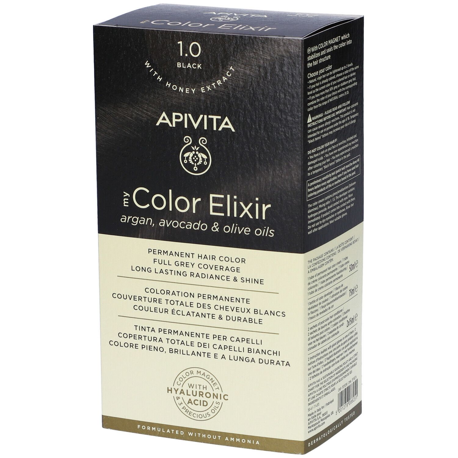 Scatola APIVITA Color Elixir 1.0 Nero. Fronte con nome prodotto, logo e testo. Tinta permanente per capelli.