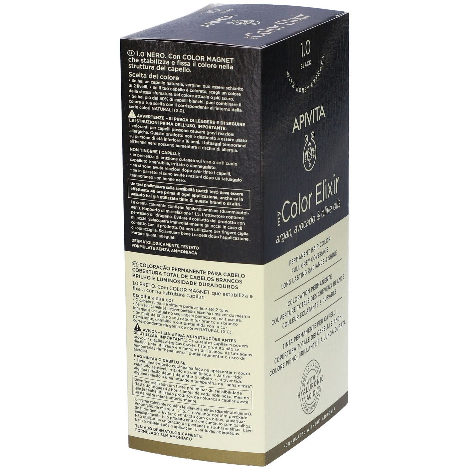 Retro della scatola APIVITA Color Elixir 1.0 Nero. Testo multilingue. Informazioni sul prodotto.