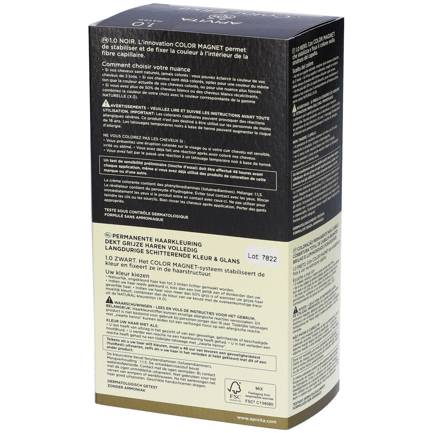 Lato della scatola APIVITA Color Elixir 1.0 Nero. Testo multilingue. Informazioni sul prodotto.