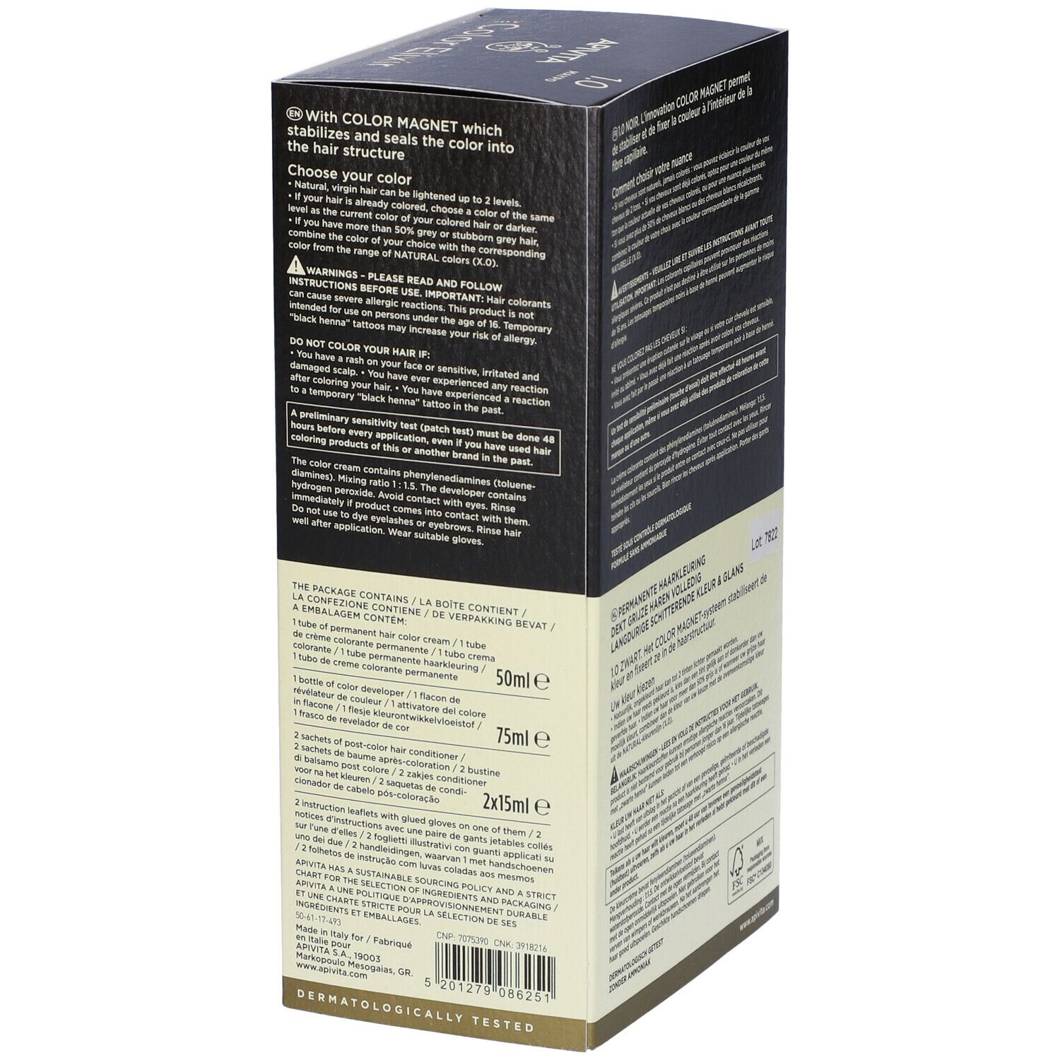 Retro della scatola APIVITA Color Elixir 1.0 Nero. Contenuto e istruzioni per l'uso.