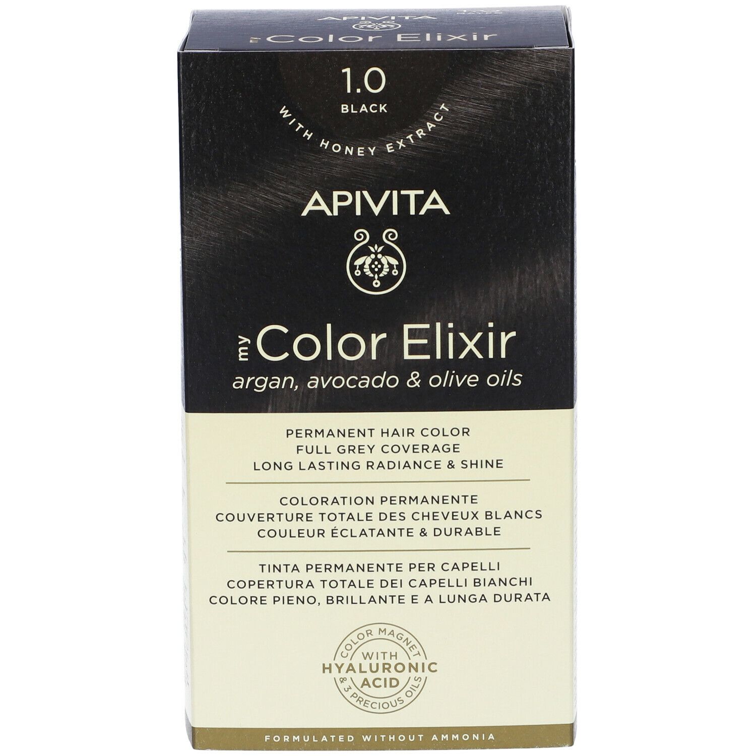 Fronte della scatola APIVITA Color Elixir 1.0 Nero. Nome del prodotto, logo e testo. Tinta permanente per capelli.