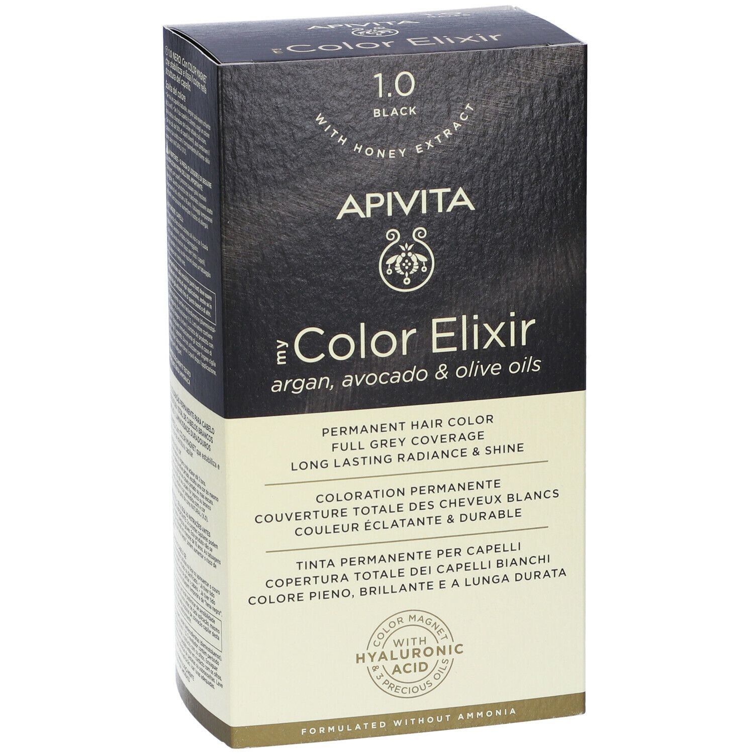 Fronte della scatola APIVITA Color Elixir 1.0 Nero. Nome del prodotto, logo e testo. Tinta permanente per capelli.